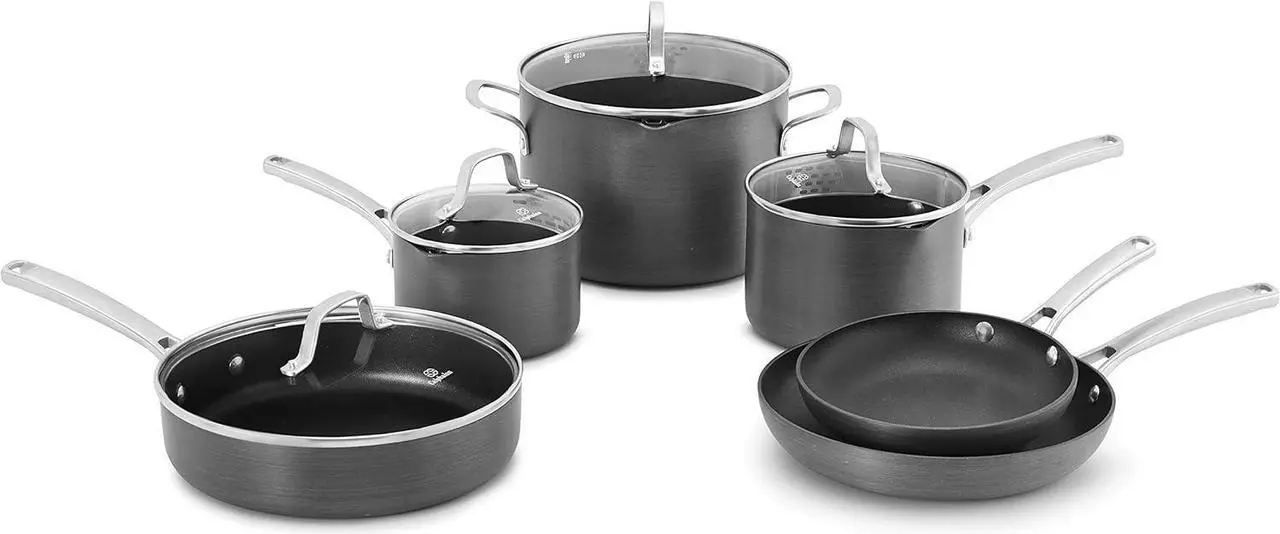 Main image of Calphalon 10-Piece Pots and Pans Set, Nonstick Kitchen Cookware with Stay-Cool Stainless Steel Handles and Pour Spouts, Grey