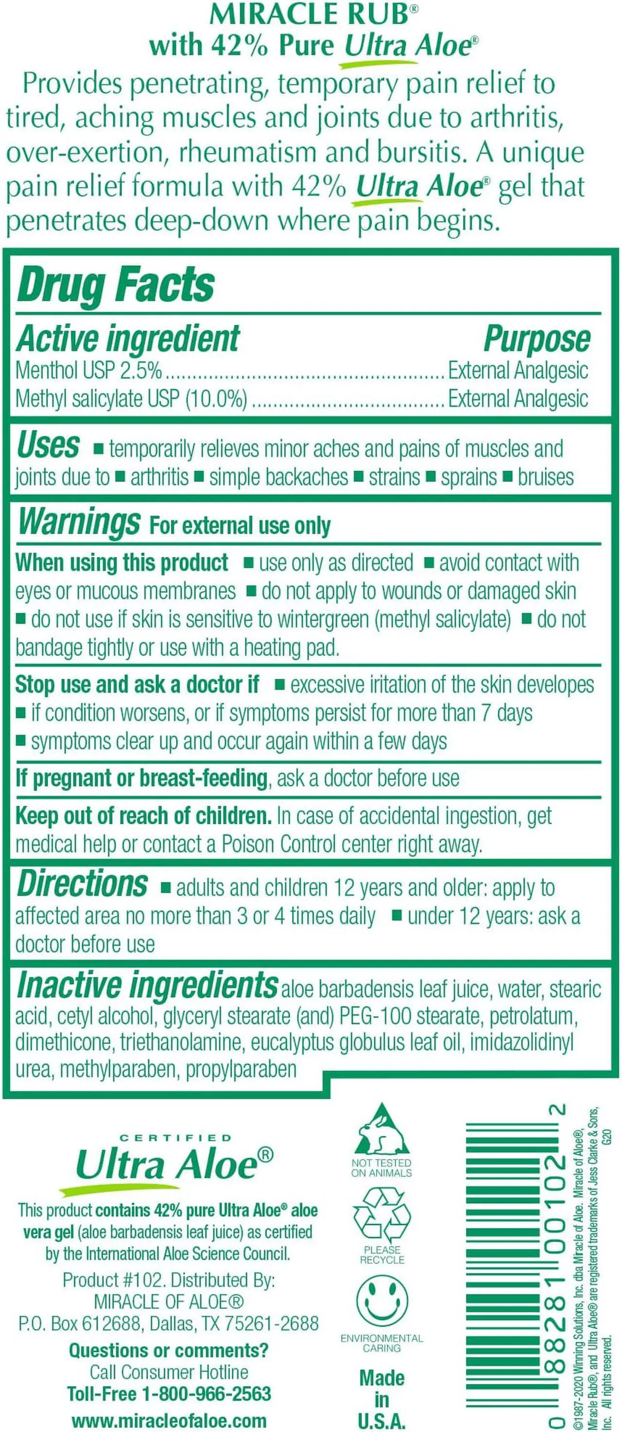 Alt view image 2 of 2 - Miracle Rub Pain Relieving Cream with 42% Aloe, 8 oz Tube (1 Pack)