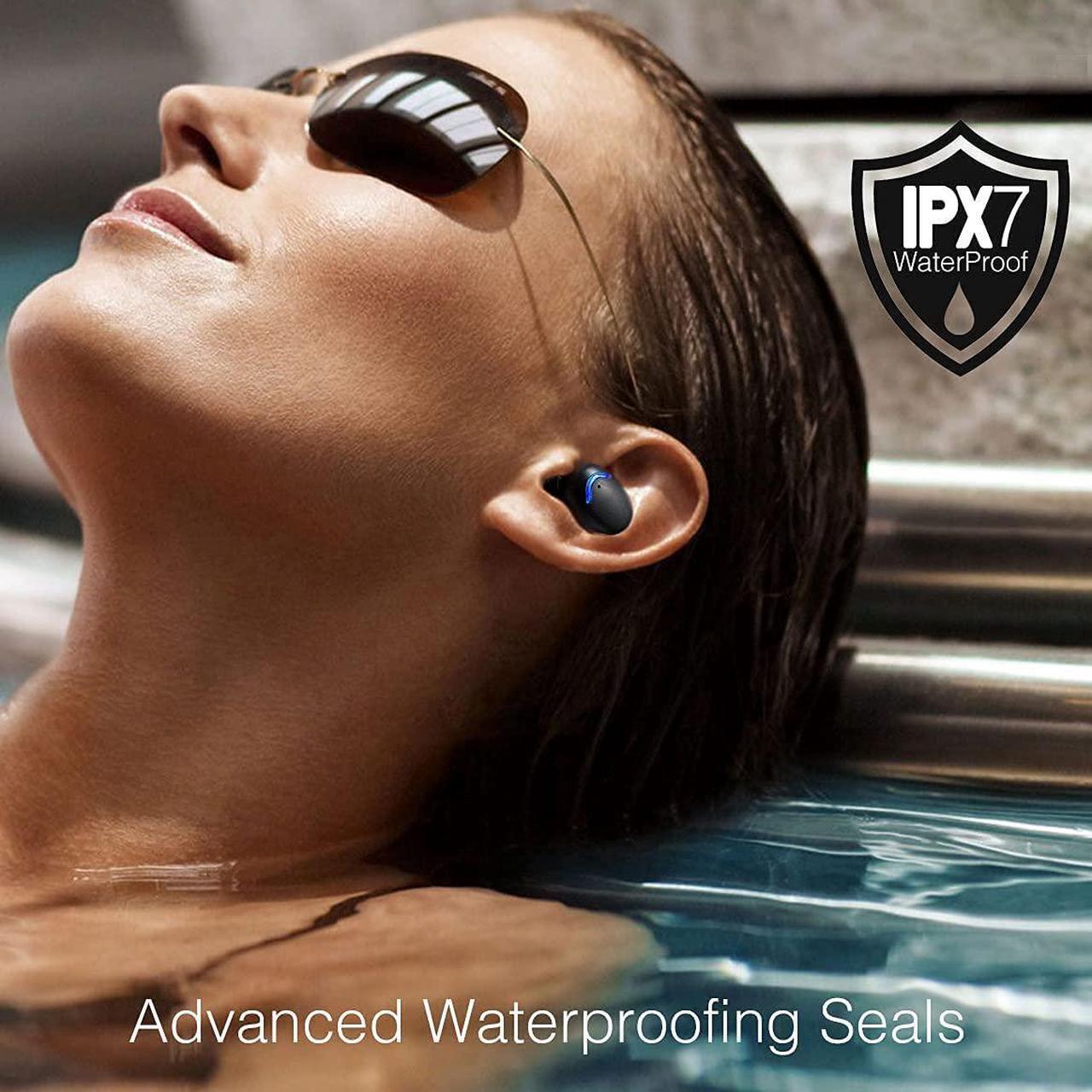 Alt view image 2 of 7 - Acuvar Fully Wireless Bluetooth 5.0 Rechargeable IPX7 Waterproof Earbud Headphones with Microphone, 1800mAh USB Smart Dual Charging Case Powerful Surround Stereo Bass and Passive Noise Cancelling
