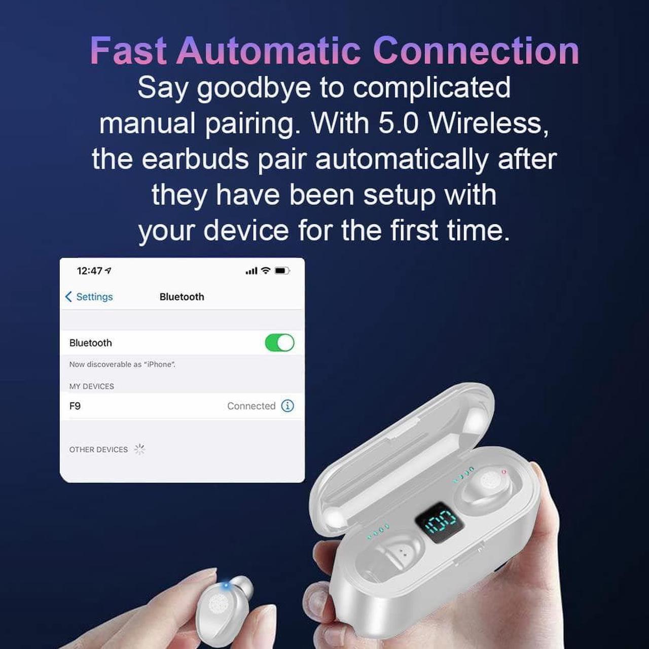 Alt view image 3 of 7 - Acuvar Fully Wireless Bluetooth 5.0 Rechargeable IPX7 Waterproof Earbud Headphones w Microphone, 2000mAh USB Smart Dual Charging Case/Stand Surround Stereo Bass and Passive Noise Cancelling White