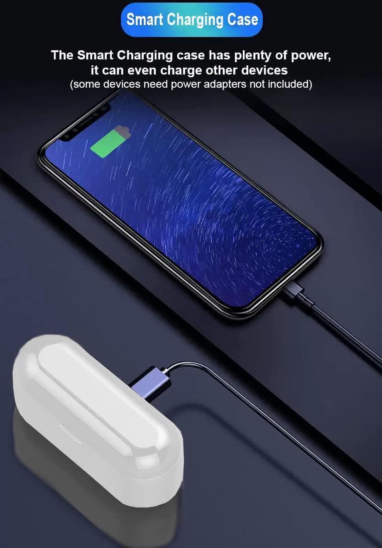 Alt view image 4 of 7 - Acuvar Fully Wireless Bluetooth 5.0 Rechargeable IPX7 Waterproof Earbud Headphones w Microphone, 2000mAh USB Smart Dual Charging Case/Stand Surround Stereo Bass and Passive Noise Cancelling White