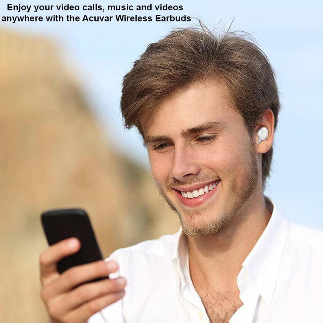Alt view image 5 of 7 - Acuvar Fully Wireless Bluetooth 5.0 Rechargeable IPX7 Waterproof Earbud Headphones w Microphone, 2000mAh USB Smart Dual Charging Case/Stand Surround Stereo Bass and Passive Noise Cancelling White