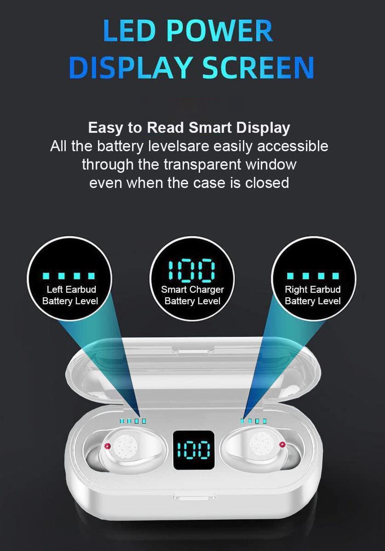 Alt view image 6 of 7 - Acuvar Fully Wireless Bluetooth 5.0 Rechargeable IPX7 Waterproof Earbud Headphones w Microphone, 2000mAh USB Smart Dual Charging Case/Stand Surround Stereo Bass and Passive Noise Cancelling White