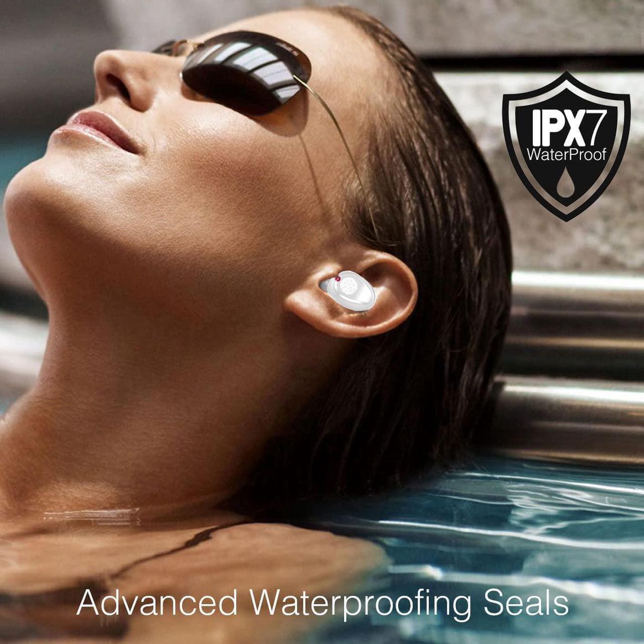 Alt view image 7 of 7 - Acuvar Fully Wireless Bluetooth 5.0 Rechargeable IPX7 Waterproof Earbud Headphones w Microphone, 2000mAh USB Smart Dual Charging Case/Stand Surround Stereo Bass and Passive Noise Cancelling White