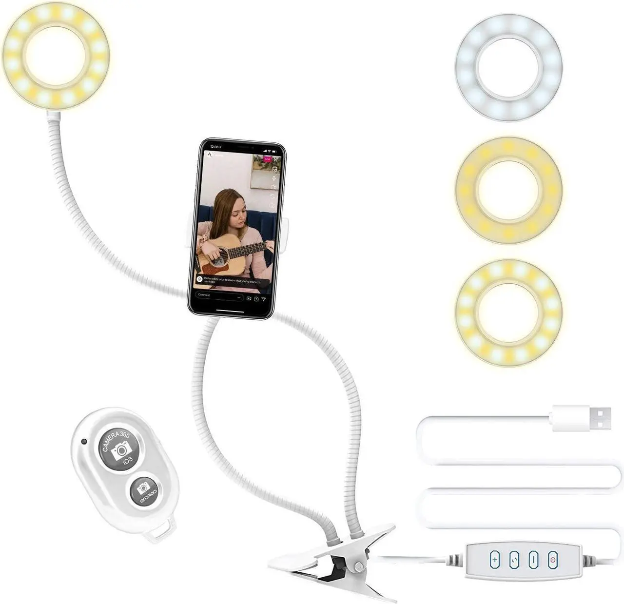 Main image of Acuvar Live Streaming Light Vlogging Kit with Clamping Flexible 360° Ring Light, Three Light Modes, Smart Phone Holder and Wireless Remote