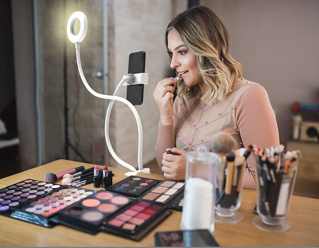 Alt view image 2 of 4 - Acuvar Live Streaming Light Vlogging Kit with Clamping Flexible 360° Ring Light, Three Light Modes, Smart Phone Holder and Wireless Remote