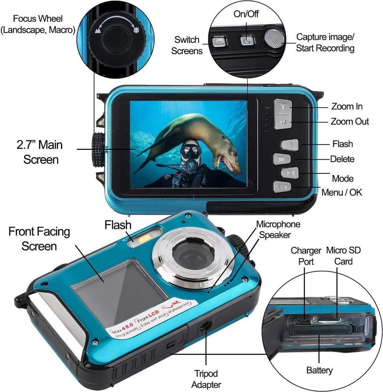 Alt view image 5 of 5 - Acuvar 48MP Megapixel Waterproof Dual Screen Full HD 1080P Digital Camera for Under Water Photo and Video Recording for Selfies with LED Flash Light for Adults and Kids