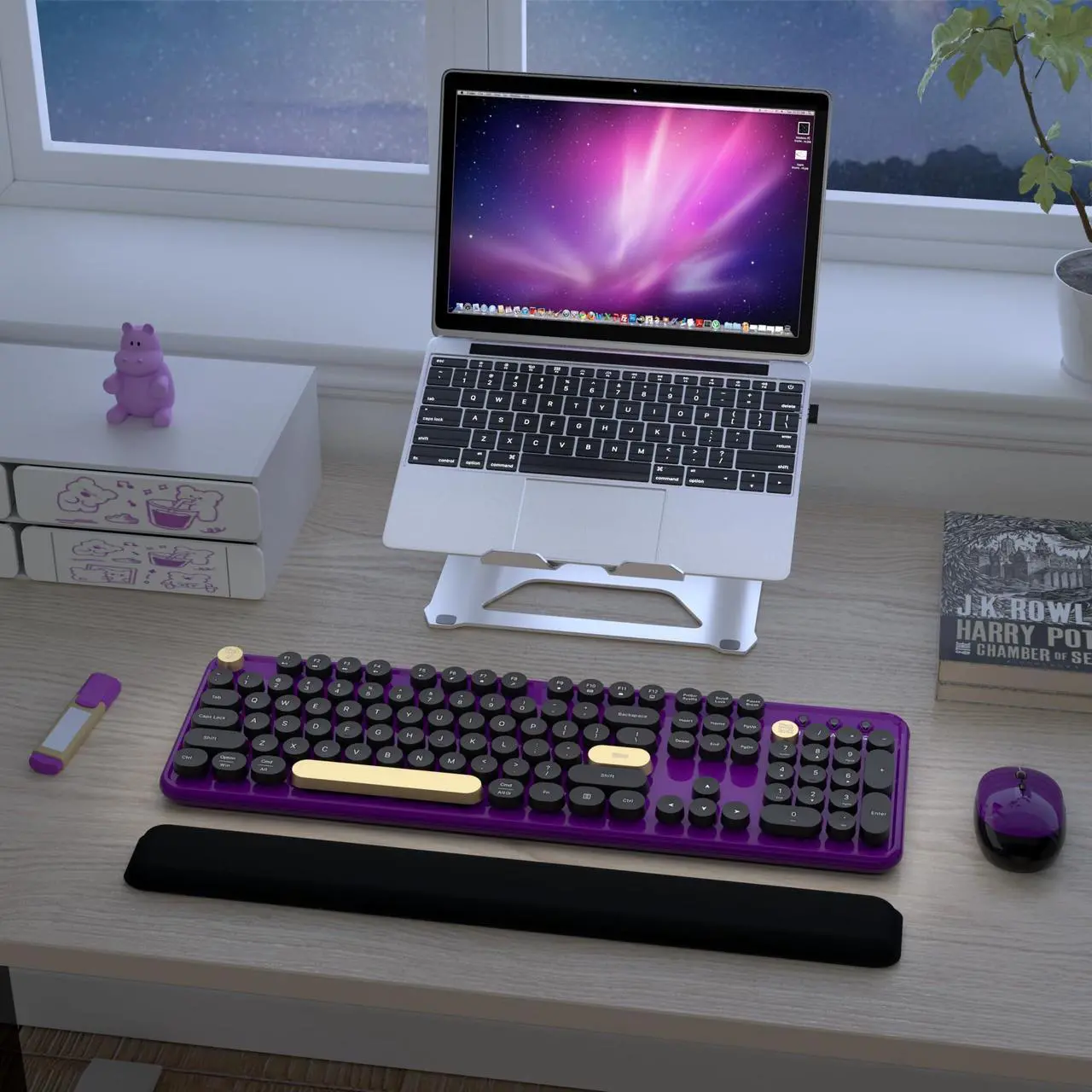 Alt view image 2 of 5 - Colorful Wireless Keyboard and Mouse Combos, Retro Keyboard and Mouse Wireless Full Size, 2.4Ghz Connection and Optical Mouse for Windows, Mac, PC, Laptop for Home and Office (Purple-Black)