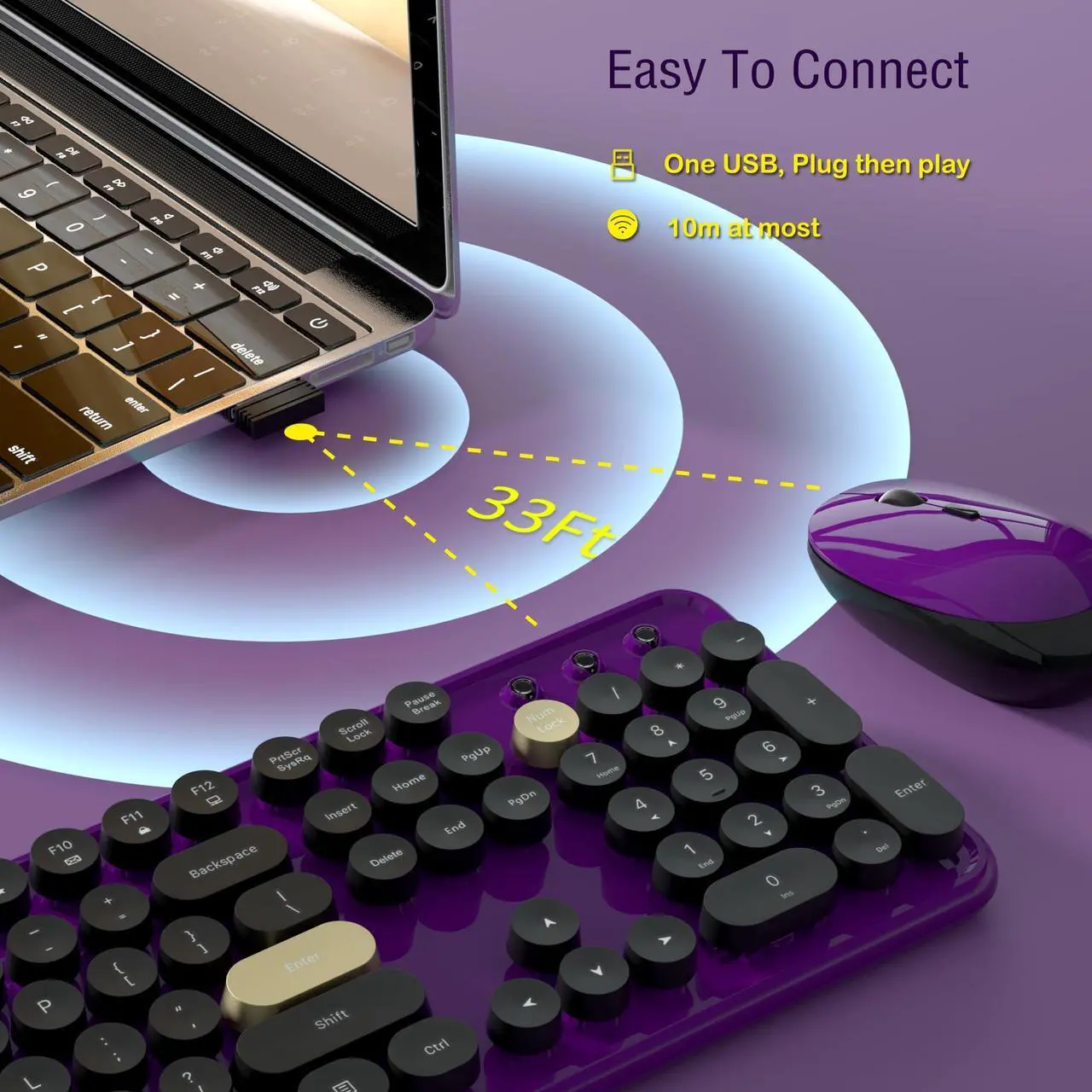 Alt view image 4 of 5 - Colorful Wireless Keyboard and Mouse Combos, Retro Keyboard and Mouse Wireless Full Size, 2.4Ghz Connection and Optical Mouse for Windows, Mac, PC, Laptop for Home and Office (Purple-Black)