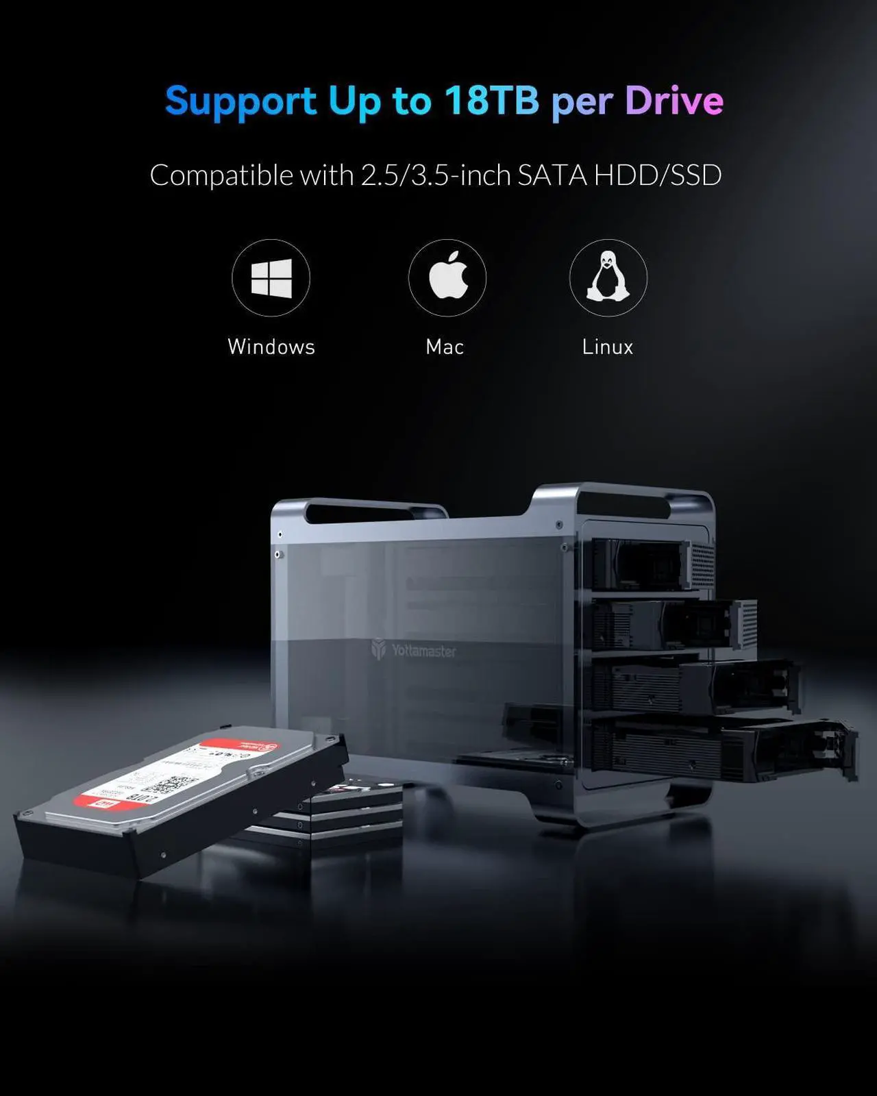Alt view image 5 of 5 - Yottamaster 4 Bay Hard Drive Enclosure, Aluminum 2.5"& 3.5" SATA HDD/SSD External Enclosure with RGB Fan, Support 72TB Direct Attached Storage DAS for RGB Gaming-Style PC DIY Expert & Gamer [DF4U3]