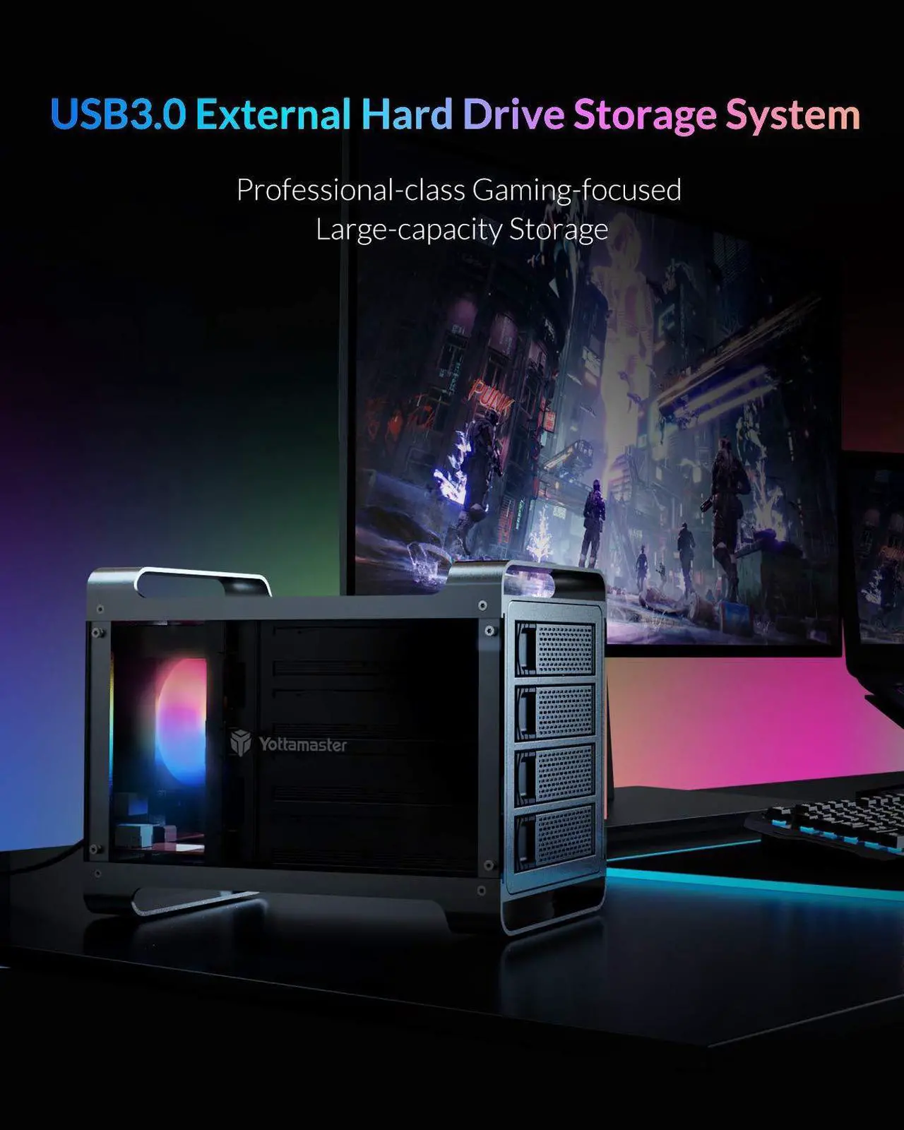 Alt view image 2 of 5 - Yottamaster 4 Bay Hard Drive Enclosure, Aluminum 2.5"& 3.5" SATA HDD/SSD External Enclosure with RGB Fan, Support 72TB Direct Attached Storage DAS for RGB Gaming-Style PC DIY Expert & Gamer [DF4U3]