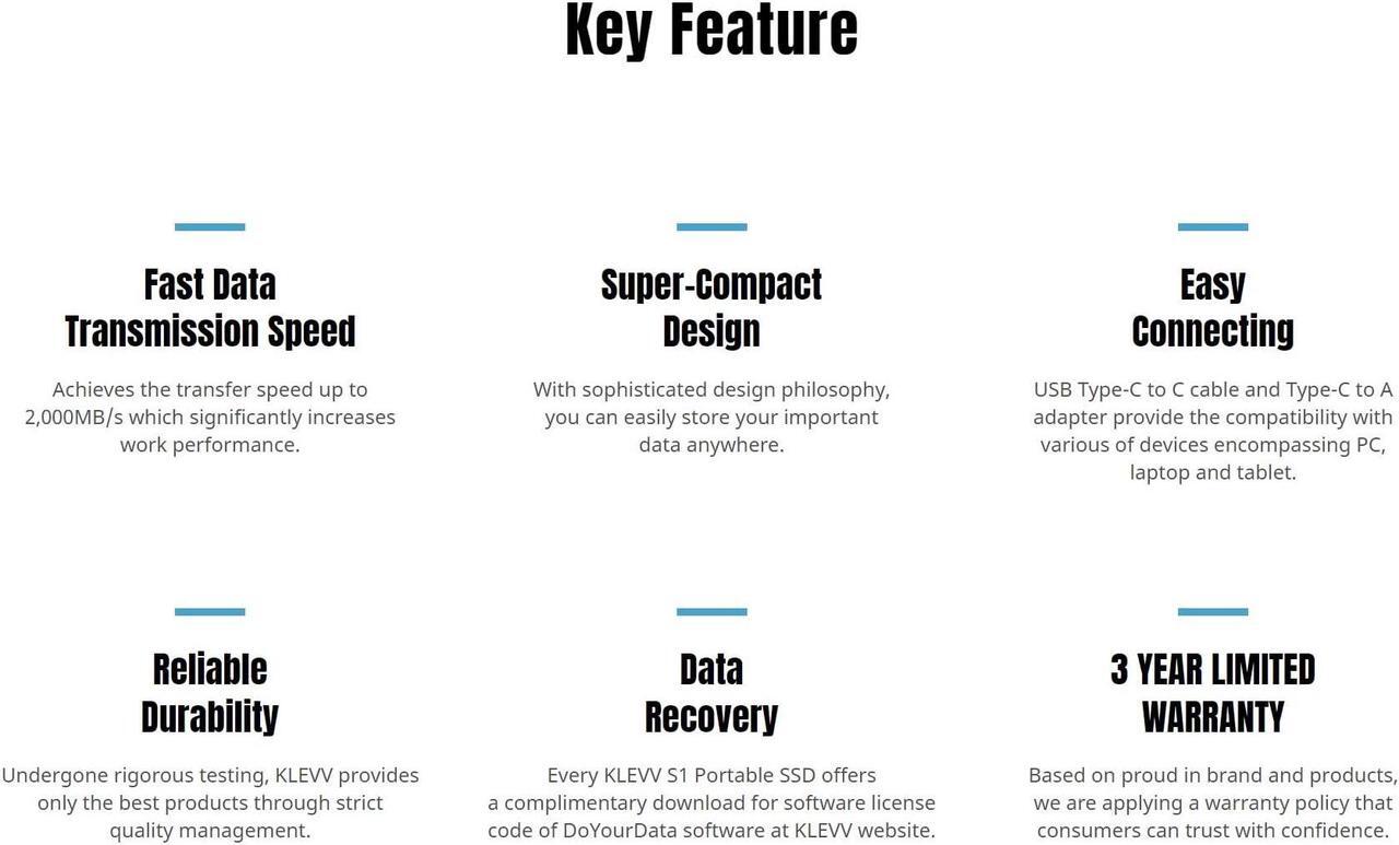 Alt view image 3 of 5 - KLEVV S1 Portable SSD 1TB up to 2000MB/s, USB 3.2 Gen2x2 Type-C&A, External Solid State Drive for PC & PS4/PS5 (K01TBPSSU3-PS1)
