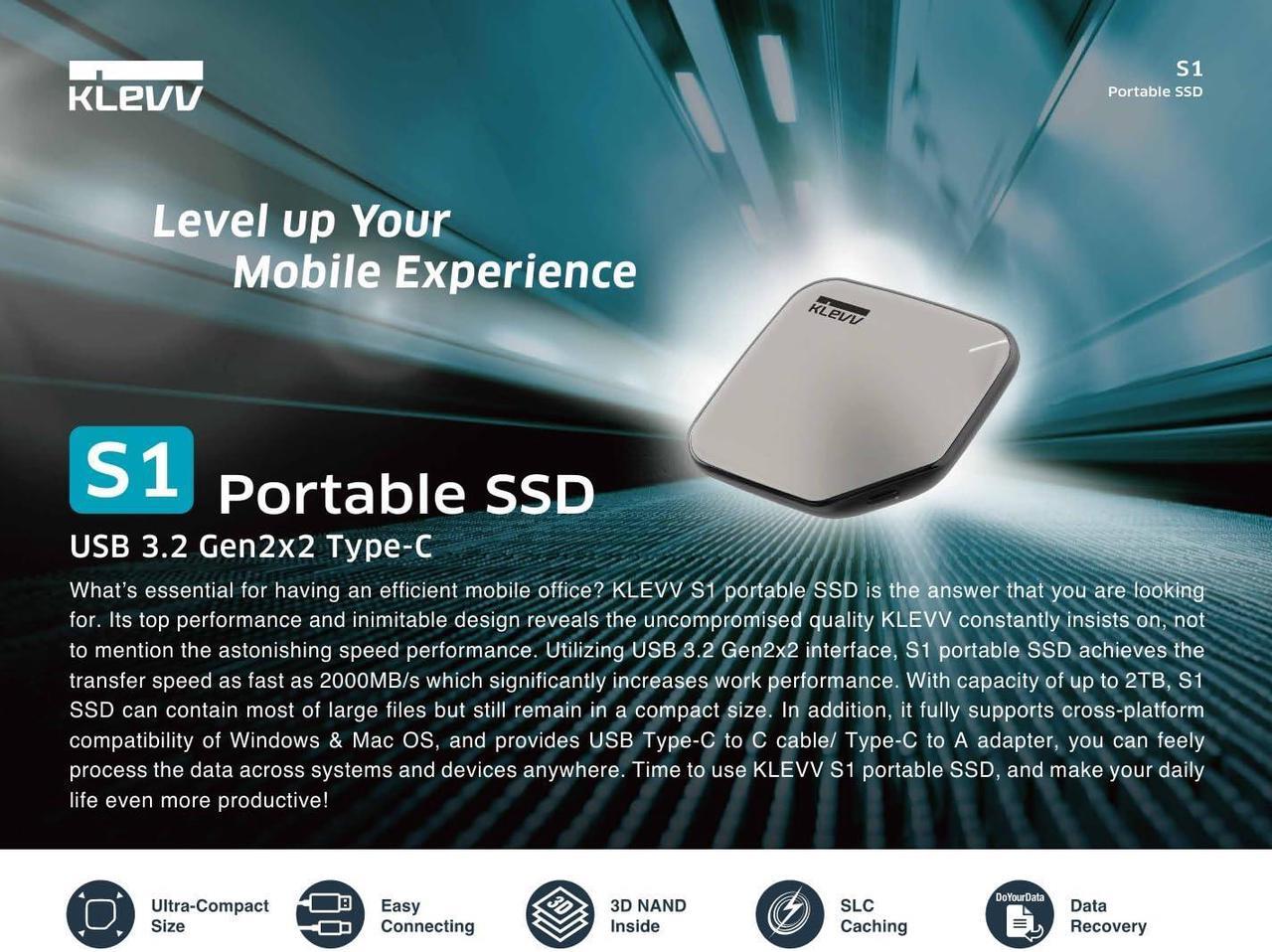 Alt view image 2 of 5 - KLEVV S1 Portable SSD 1TB up to 2000MB/s, USB 3.2 Gen2x2 Type-C&A, External Solid State Drive for PC & PS4/PS5 (K01TBPSSU3-PS1)