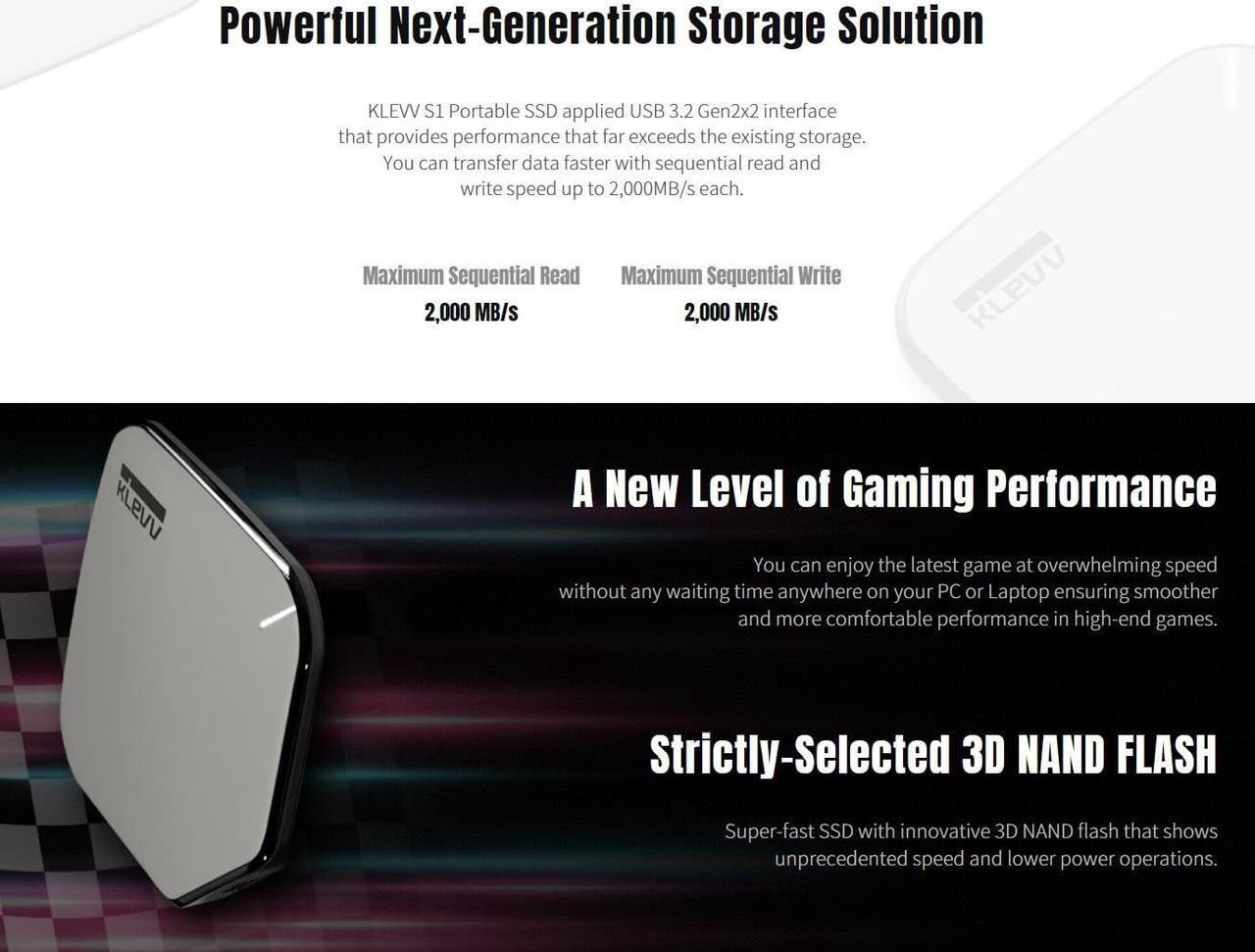 Alt view image 5 of 5 - KLEVV S1 Portable SSD 1TB up to 2000MB/s, USB 3.2 Gen2x2 Type-C&A, External Solid State Drive for PC & PS4/PS5 (K01TBPSSU3-PS1)