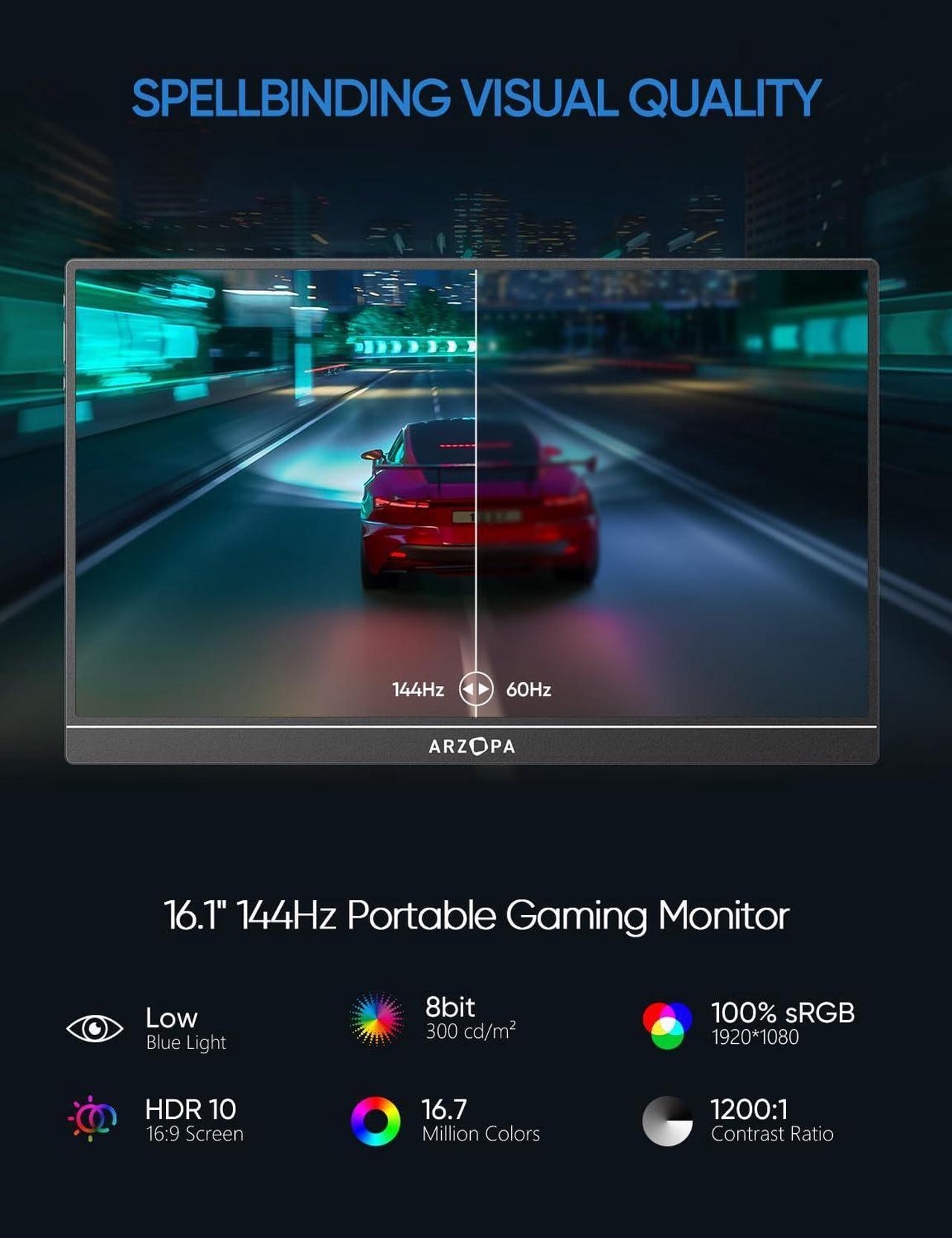 Alt view image 3 of 5 - ARZOPA 16.1'' 144Hz Portable Gaming Monitor, 100% sRGB 1080P FHD Kickstand Portable Monitor with HDR, Ultra Slim, Eye Care, External Second Screen for Laptop, PC, PS5, Mac, Xbox, Switch-Z1FC