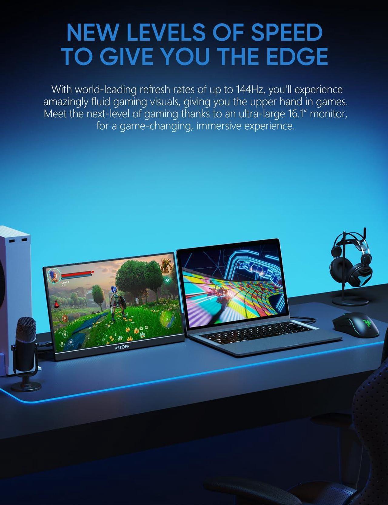 Alt view image 2 of 5 - ARZOPA 16.1'' 144Hz Portable Gaming Monitor, 100% sRGB 1080P FHD Kickstand Portable Monitor with HDR, Ultra Slim, Eye Care, External Second Screen for Laptop, PC, PS5, Mac, Xbox, Switch-Z1FC