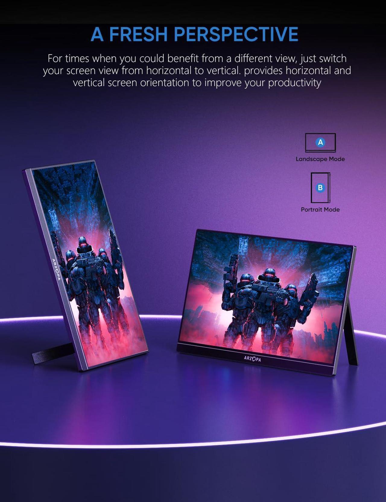 Alt view image 4 of 5 - ARZOPA 16.1'' 144Hz Portable Gaming Monitor, 100% sRGB 1080P FHD Kickstand Portable Monitor with HDR, Ultra Slim, Eye Care, External Second Screen for Laptop, PC, PS5, Mac, Xbox, Switch-Z1FC
