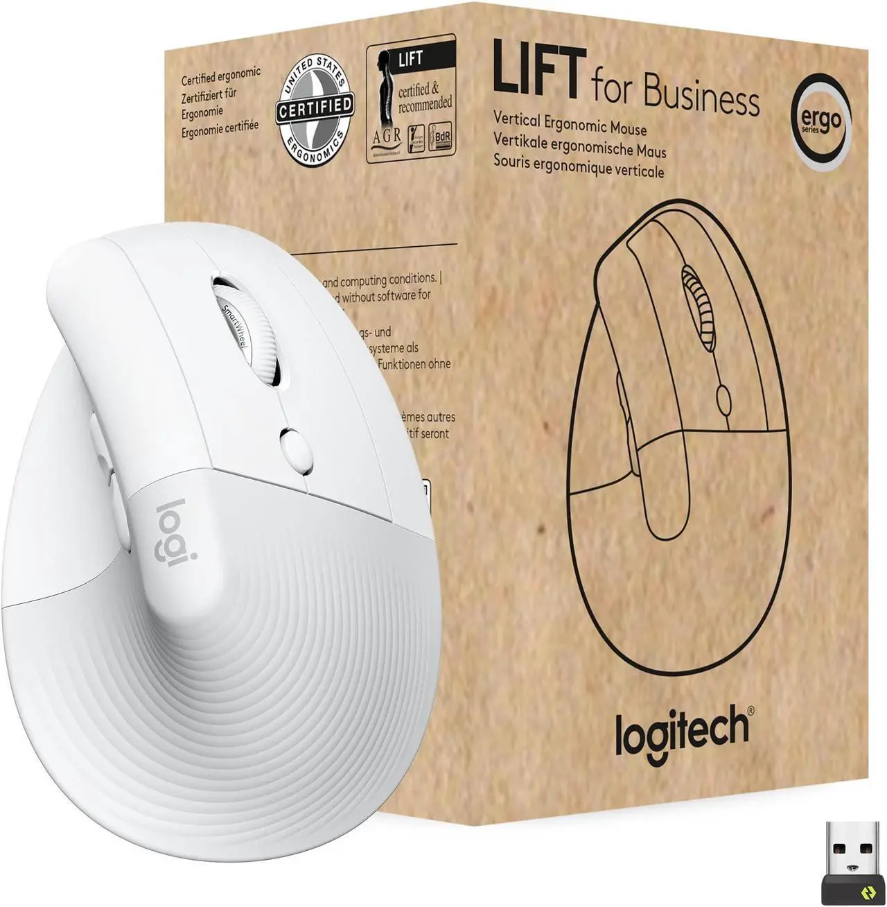 Main image of Logitech Lift for Business, Vertical Ergonomic Mouse, Wireless, Bluetooth or Secured Logi Bolt USB, Quiet clicks, Globally Certified, Windows/Mac/Chrome/Linux - Off White