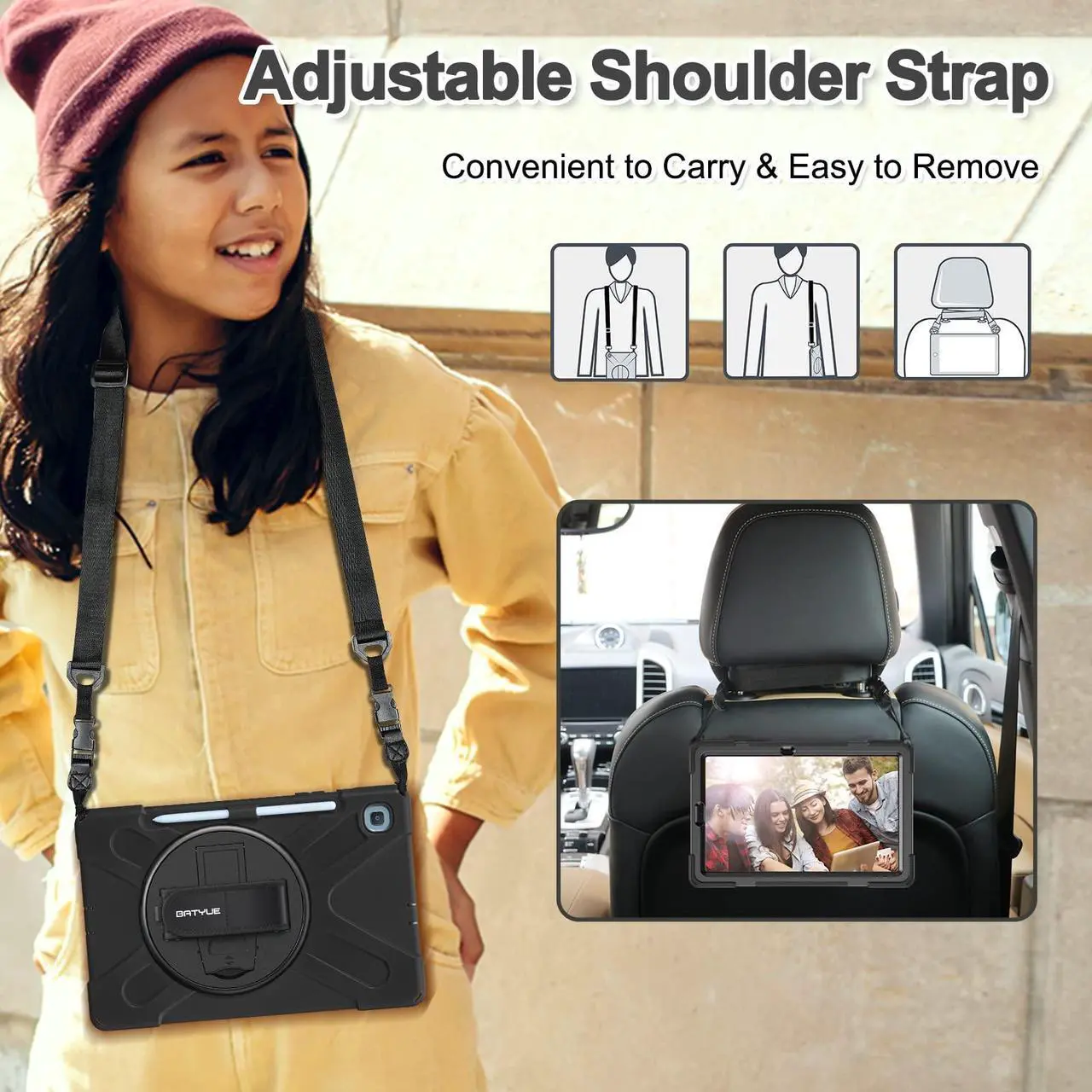 Alt view image 5 of 5 - BATYUE Case for Samsung Galaxy Tab S6 Lite 10.4 Inch 2024/2022/2020 (SM-P610/P613/P615/P619/P620/P625/P627), Protective Cover with Pencil Holder, Shoulder Strap, Hand Strap, Kickstand (Black)