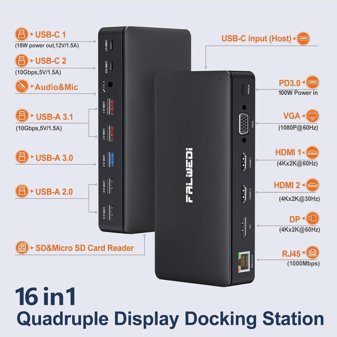 Alt view image 2 of 5 - USB C Docking Station Dual Monitor, 16 in 1 Multiport Hub with Triple Display (2 HDMI, DP, VGA, 2 PD 100W & 18W, RJ45, USB C&A, SD/TF, Mic/Audio) Compatible for MacBook/Dell/HP/Lenovo Laptops Black