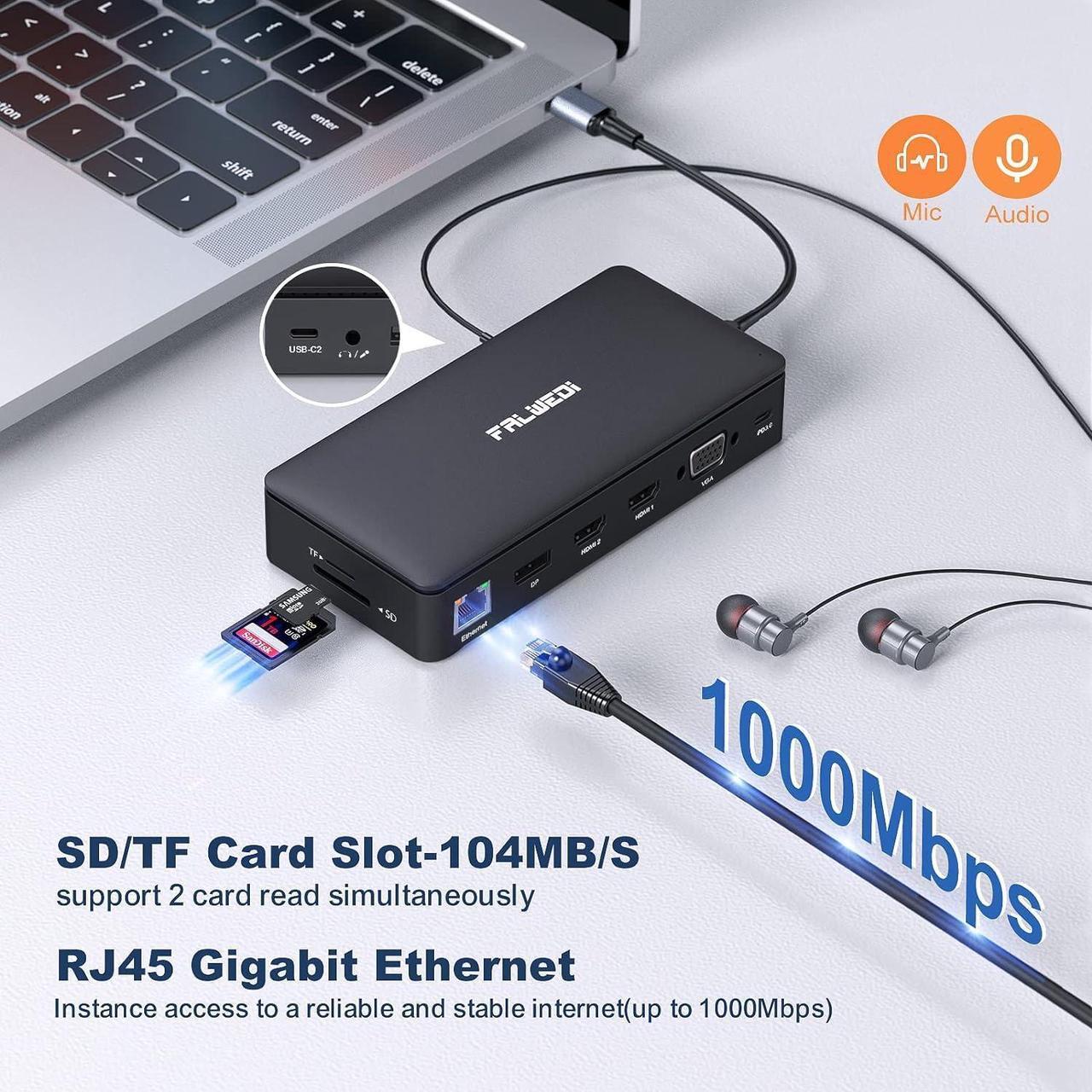 Alt view image 5 of 5 - USB C Docking Station Dual Monitor, 16 in 1 Multiport Hub with Triple Display (2 HDMI, DP, VGA, 2 PD 100W & 18W, RJ45, USB C&A, SD/TF, Mic/Audio) Compatible for MacBook/Dell/HP/Lenovo Laptops Black