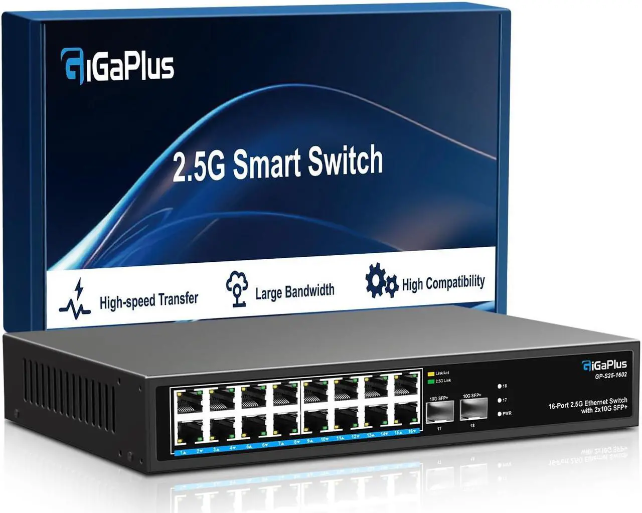 Main image of 18 Port 2.5Gb Unmanaged Ethernet Switch with 16* 2.5G Base-T Ports, 2* 10G SFP+ Ports. GiGaPlus 2.5Gbps Network Switch for 2.5Gbps NAS/PC, Wireless AP, WiFi6 Router. Plug and Play, Fanless Design.