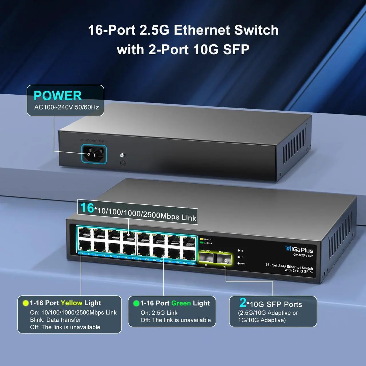 Alt view image 2 of 5 - 18 Port 2.5Gb Unmanaged Ethernet Switch with 16* 2.5G Base-T Ports, 2* 10G SFP+ Ports. GiGaPlus 2.5Gbps Network Switch for 2.5Gbps NAS/PC, Wireless AP, WiFi6 Router. Plug and Play, Fanless Design.