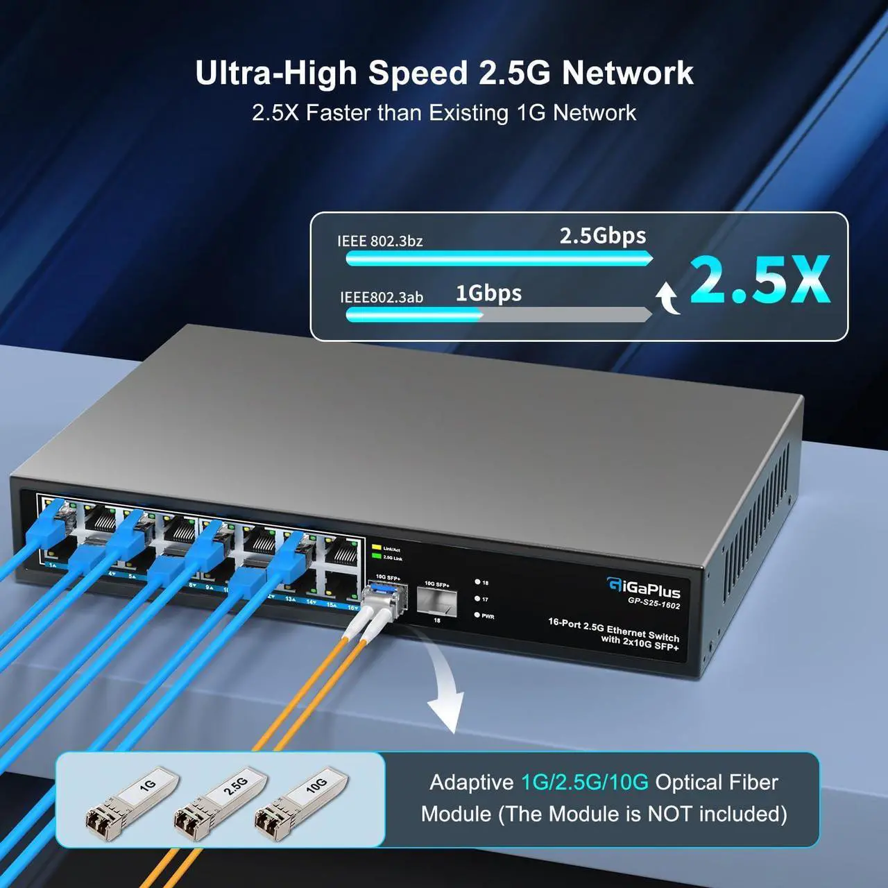 Alt view image 3 of 5 - 18 Port 2.5Gb Unmanaged Ethernet Switch with 16* 2.5G Base-T Ports, 2* 10G SFP+ Ports. GiGaPlus 2.5Gbps Network Switch for 2.5Gbps NAS/PC, Wireless AP, WiFi6 Router. Plug and Play, Fanless Design.