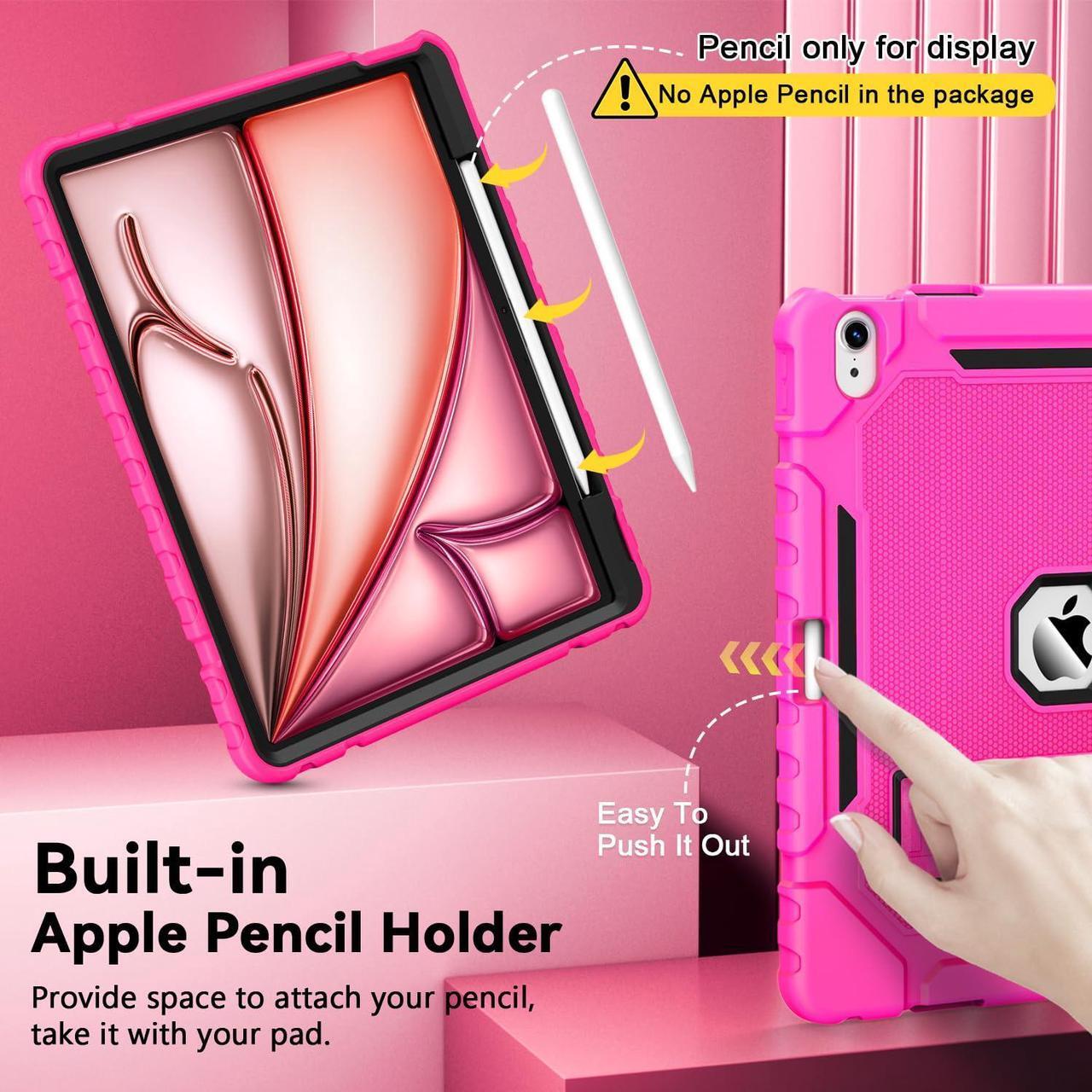 Alt view image 3 of 5 - Grifobes Case for iPad Air 13 inch M2 2024, for iPad Air 6th Generation Case 2024 13", Heavy Duty Rugged Cover with Pencil Holder/Stand for i Pad Air 6 Gen Kids Girls Women (Hot Pink)