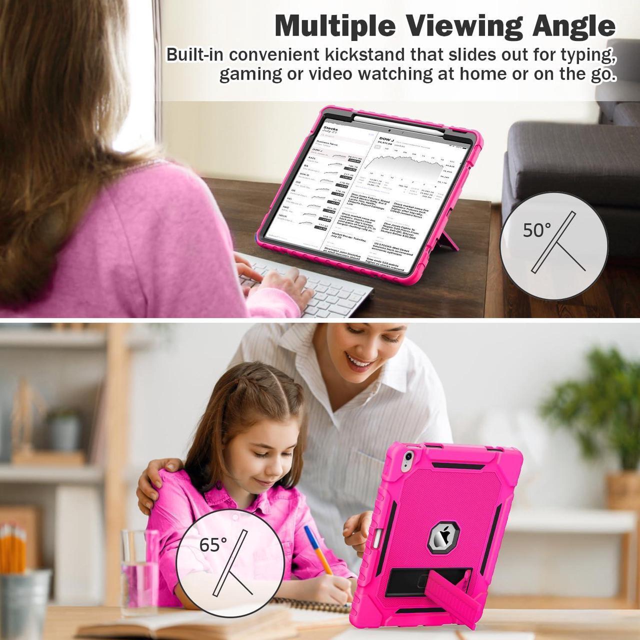 Alt view image 4 of 5 - Grifobes Case for iPad Air 13 inch M2 2024, for iPad Air 6th Generation Case 2024 13", Heavy Duty Rugged Cover with Pencil Holder/Stand for i Pad Air 6 Gen Kids Girls Women (Hot Pink)