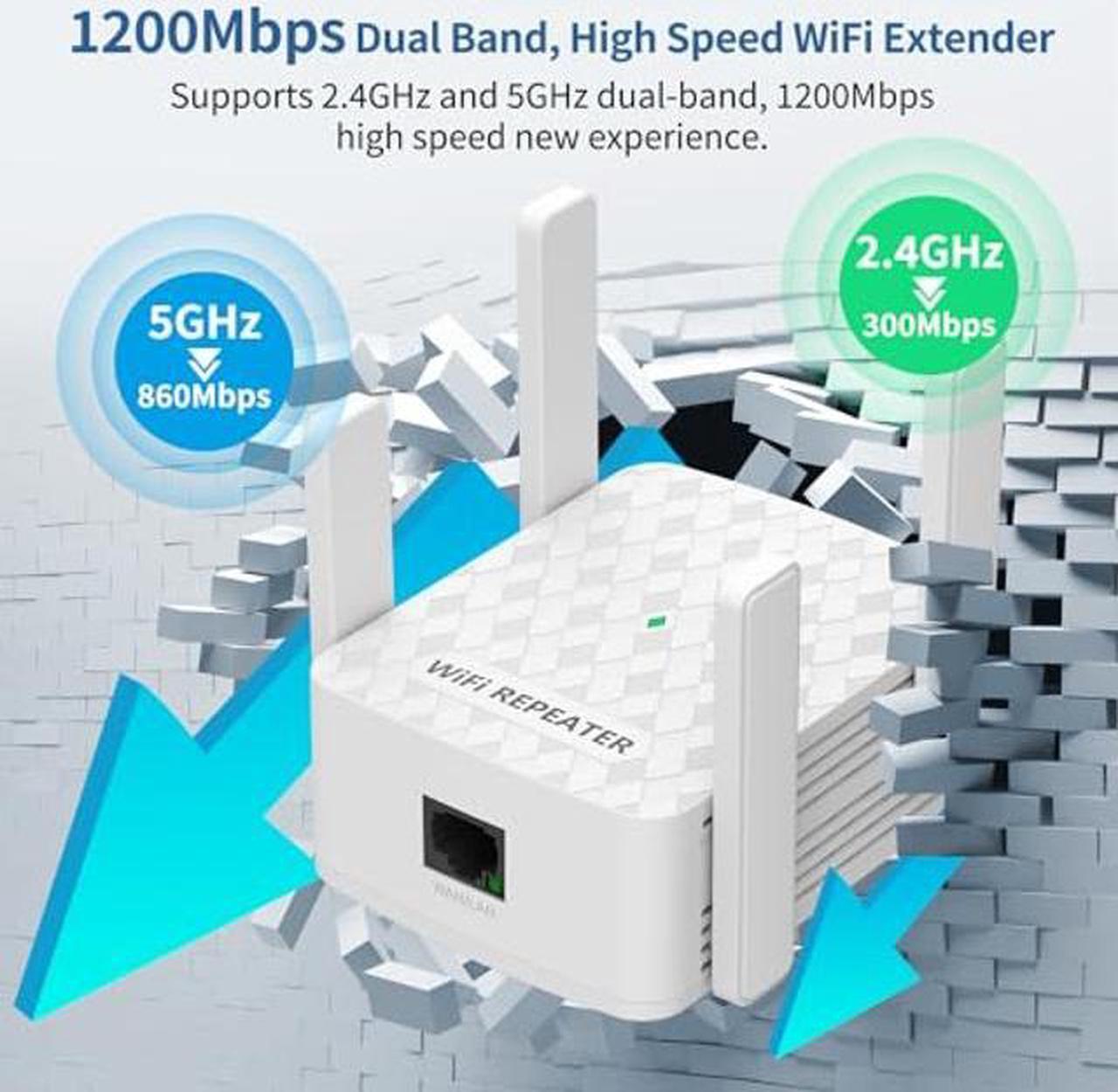 Alt view image 3 of 5 - WiFi Extender Signal Booster, Internet Wireless Repeater for Home Coverage up to 10000sq.ft and 35 Devices, 1200Mbps WiFi Booster with Ethernet Port, Dual Band 2.4G/5G, 4 Antennas