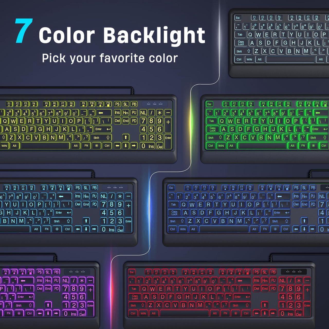 Alt view image 2 of 5 - KOPJIPPOM Large Print Keyboard - 7 Interchangeable Backlight Colors, Light Up USB Wired Computer Keyboards, USB Plug-and-Play, Foldable Stands, Corded Full Size Keyboard for Windows, PC, Laptop