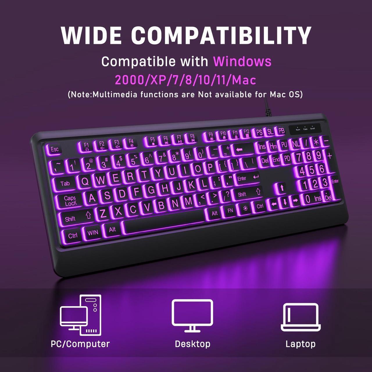 Alt view image 4 of 5 - KOPJIPPOM Large Print Keyboard - 7 Interchangeable Backlight Colors, Light Up USB Wired Computer Keyboards, USB Plug-and-Play, Foldable Stands, Corded Full Size Keyboard for Windows, PC, Laptop