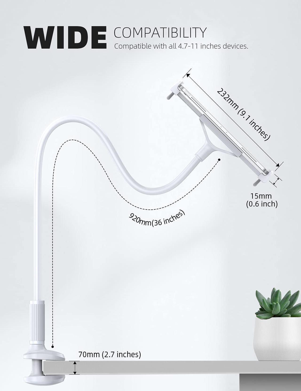 Alt view image 4 of 5 - Lamicall Gooseneck Tablet Mount Holder for Bed Flexible Tablet Arm Clamp for Bed Compatible with Pad Pro 10.5, Air 9.7, Mini 7.9, Galaxy Tabs, Switch, More 4.7-11" Device - White