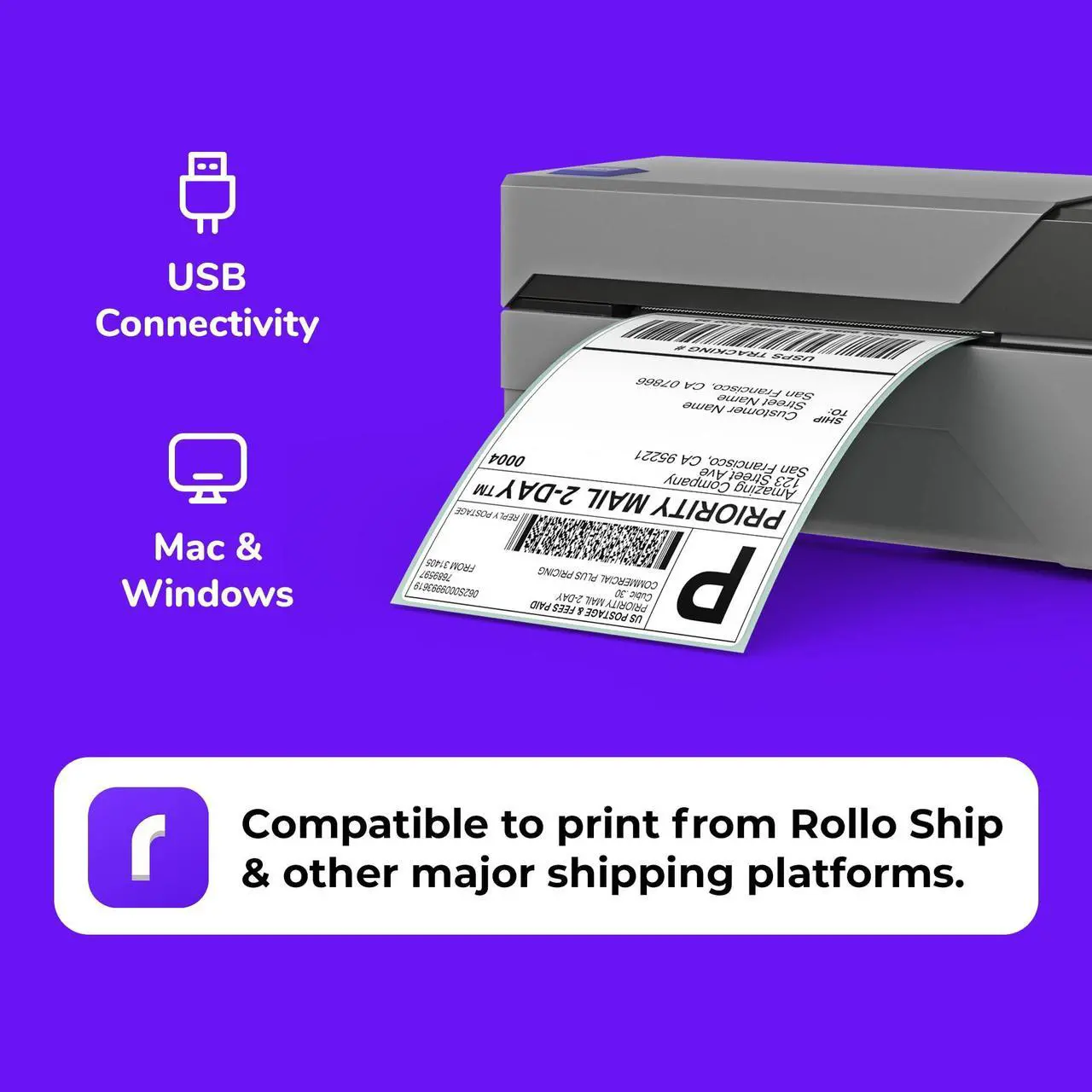 Alt view image 2 of 5 - Rollo USB Thermal Shipping Label Printer and 500 4x6 Labels - High Speed Direct Thermal Printer for Packages