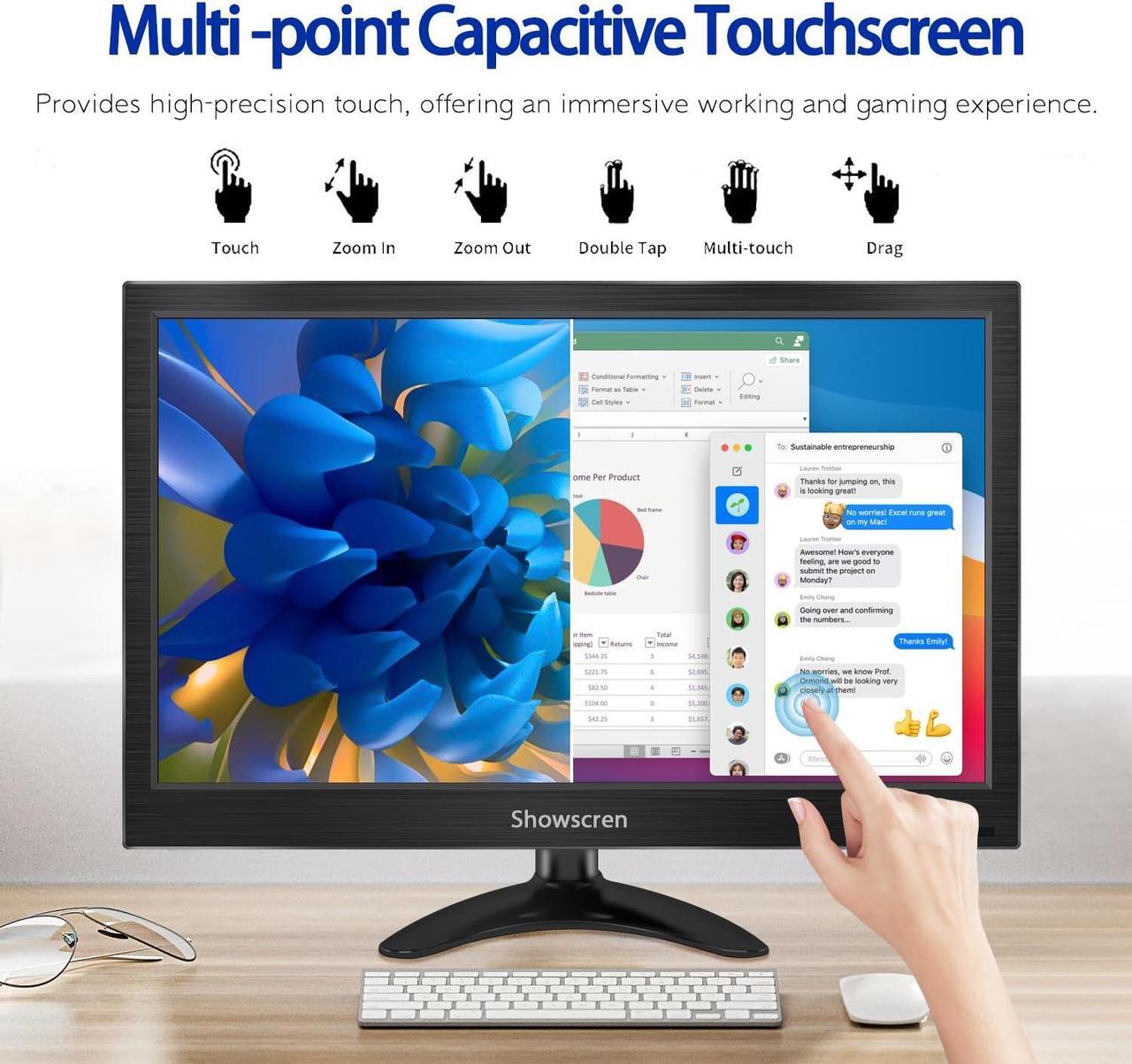 Alt view image 2 of 5 - Showscren Computer Monitor 14 Inch Touchscreen Portable Monitor FHD HDR 1080P 99% sRGB Small PC Monitor with HDMI/USB-C Port, Multifunctional Stand, Built-in Speakers, for PC/Laptop/Smartphone
