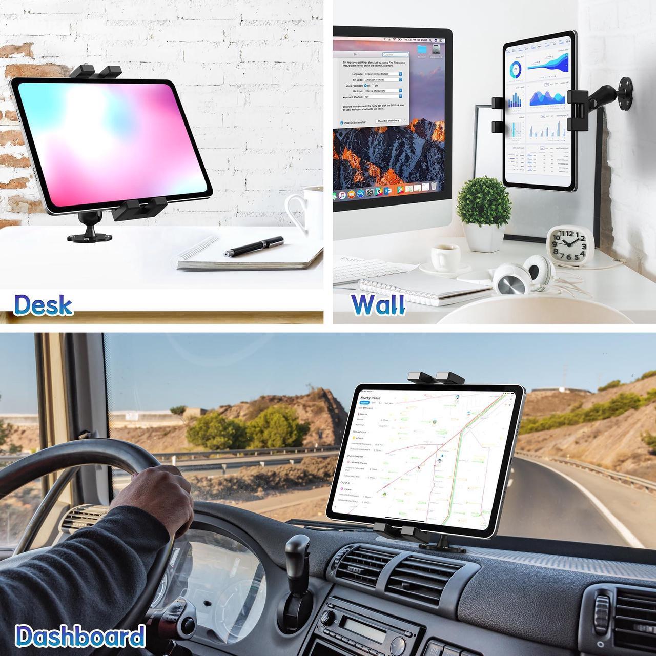 Alt view image 2 of 5 - Keuvirya Heavy Duty Tablet Mount for Truck & Vehicle, Drill Base Tablet Holder for Truck with Aluminum Arm, Compatible with 4.7"-12.9" Tablets/iPad/Phones, iPad Truck Mount for Dashboard, Walls, Boat