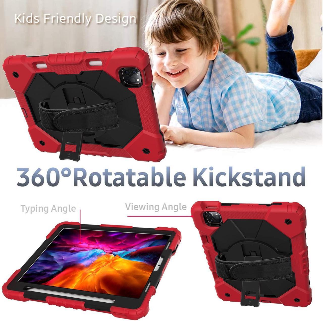 Alt view image 3 of 5 - Kezigud Case for iPad Air 5th/4th 10.9'' 2022/2020, iPad Pro 11'', Shockproof Rugged Heavy Duty PC+TPU with 360deg Rotating Hand Strap&Kickstand Shoulder Strap for Apple iPad Pro 1/2/3/4 (Red)