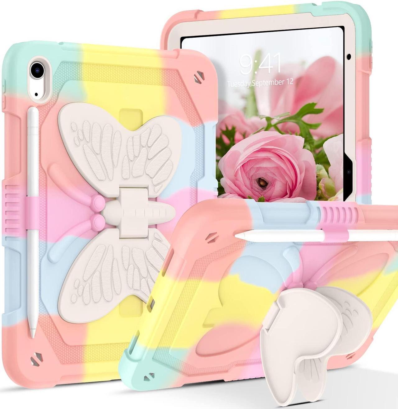Main image of YINLAI Case for iPad 10th Generation 2022 with Pencil Holder Butterfly Kickstand Girls Kids Women Shockproof Protective Tablet Cover for iPad 10th Gen 10.9 Inch A2696 A2757 A2777, Colorful Pink