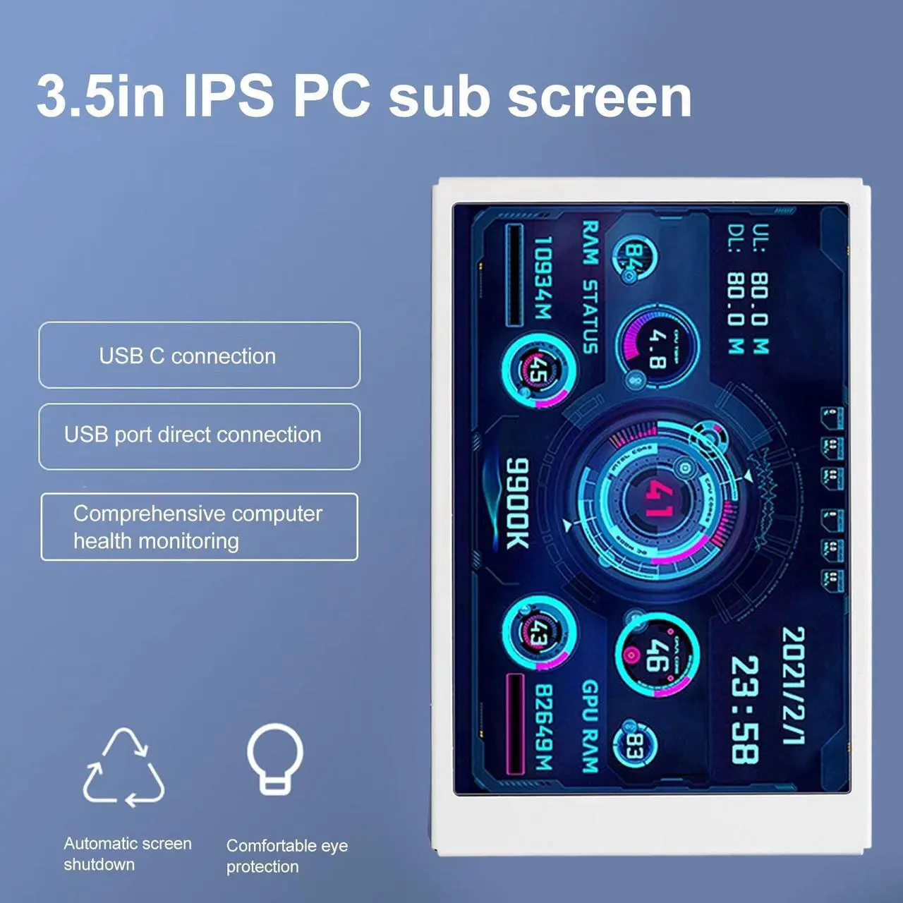Alt view image 2 of 5 - VBESTLIFE Computer Temp Monitor, 3.5Inch Mini USB C PC Temperature Display CPU RAM Data Monitor PC Sensor Panel Display, for DIY Computer (White)