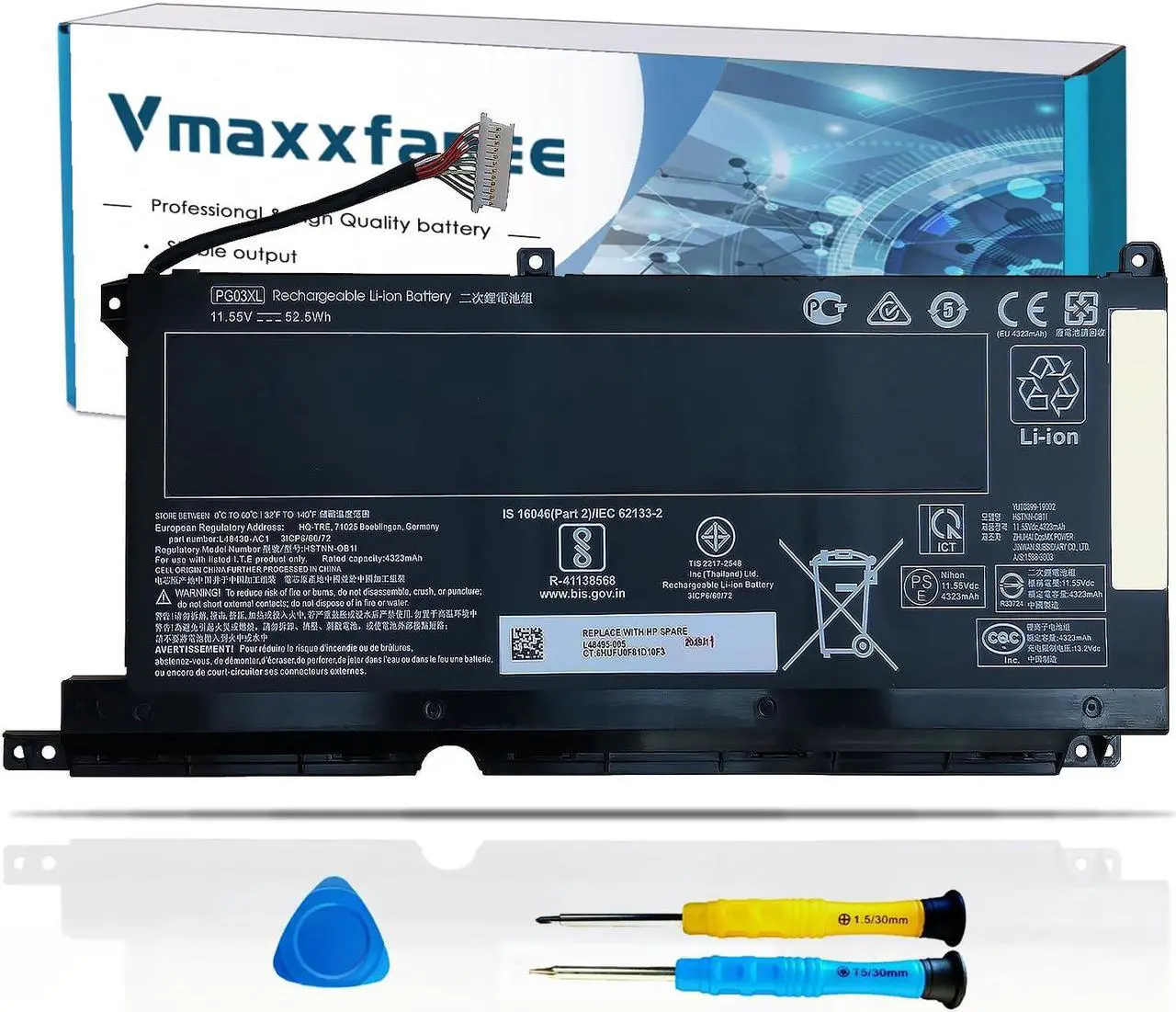 Main image of Vmaxxfanee PG03XL 52.5Wh L48495-005 Laptop Battery Replacement for HP Pavilion Gaming 15-DK 15-DK0125TX 15-dk0000 OMEN 5X FPC52 Series HSTNN-OB1I L48430-2C1 L48430-AC1 11.55V 4323mAh