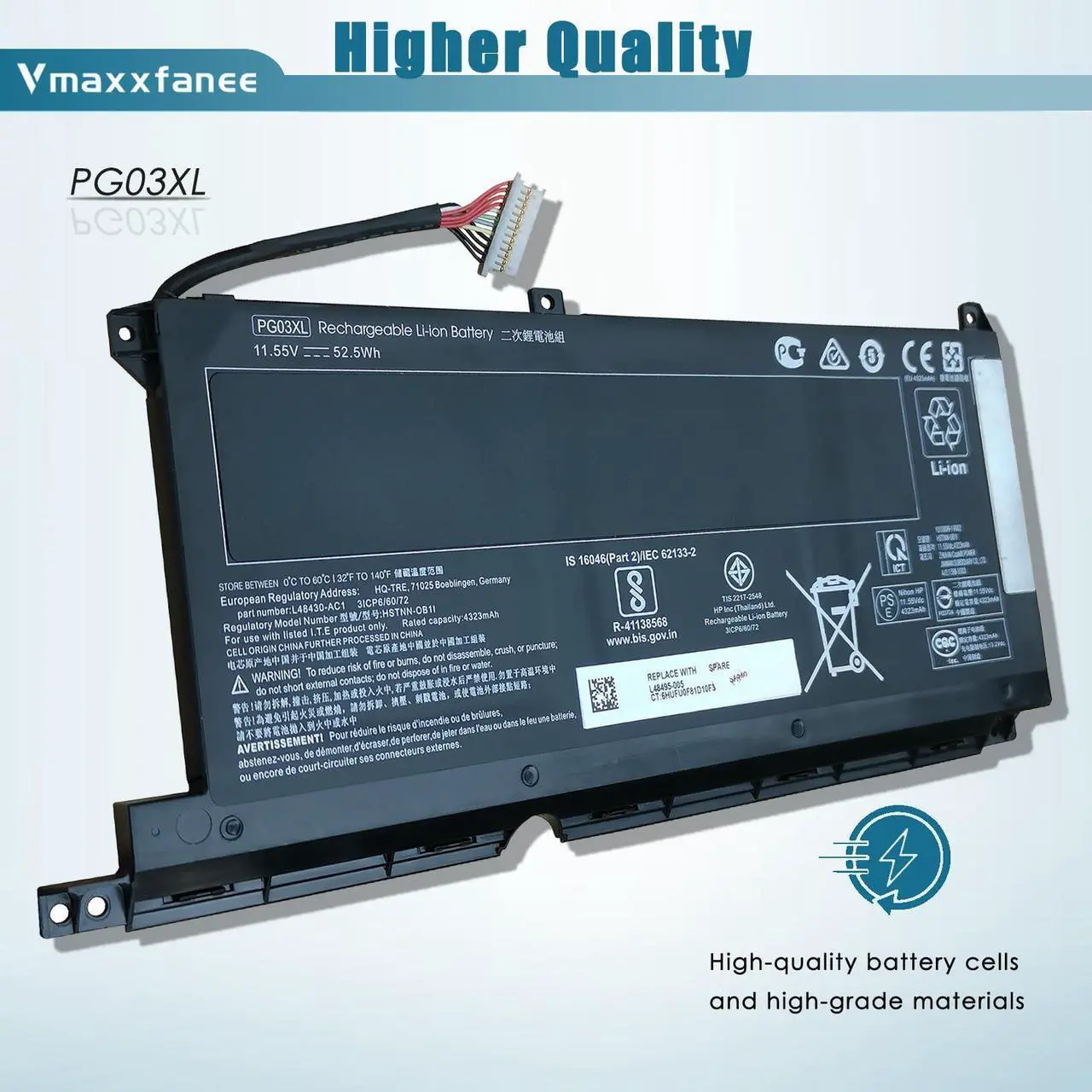 Alt view image 3 of 5 - Vmaxxfanee PG03XL 52.5Wh L48495-005 Laptop Battery Replacement for HP Pavilion Gaming 15-DK 15-DK0125TX 15-dk0000 OMEN 5X FPC52 Series HSTNN-OB1I L48430-2C1 L48430-AC1 11.55V 4323mAh