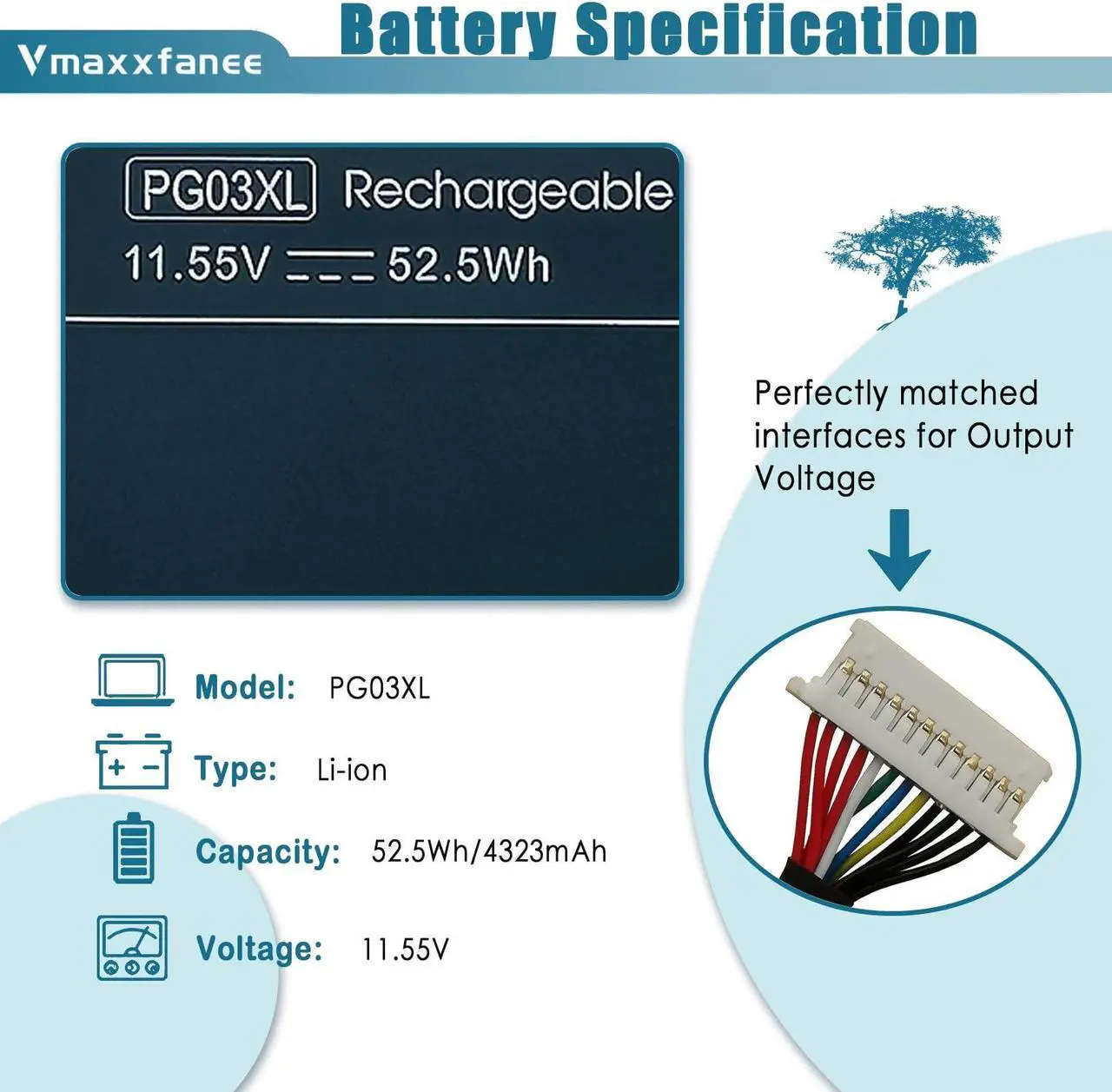 Alt view image 2 of 5 - Vmaxxfanee PG03XL 52.5Wh L48495-005 Laptop Battery Replacement for HP Pavilion Gaming 15-DK 15-DK0125TX 15-dk0000 OMEN 5X FPC52 Series HSTNN-OB1I L48430-2C1 L48430-AC1 11.55V 4323mAh