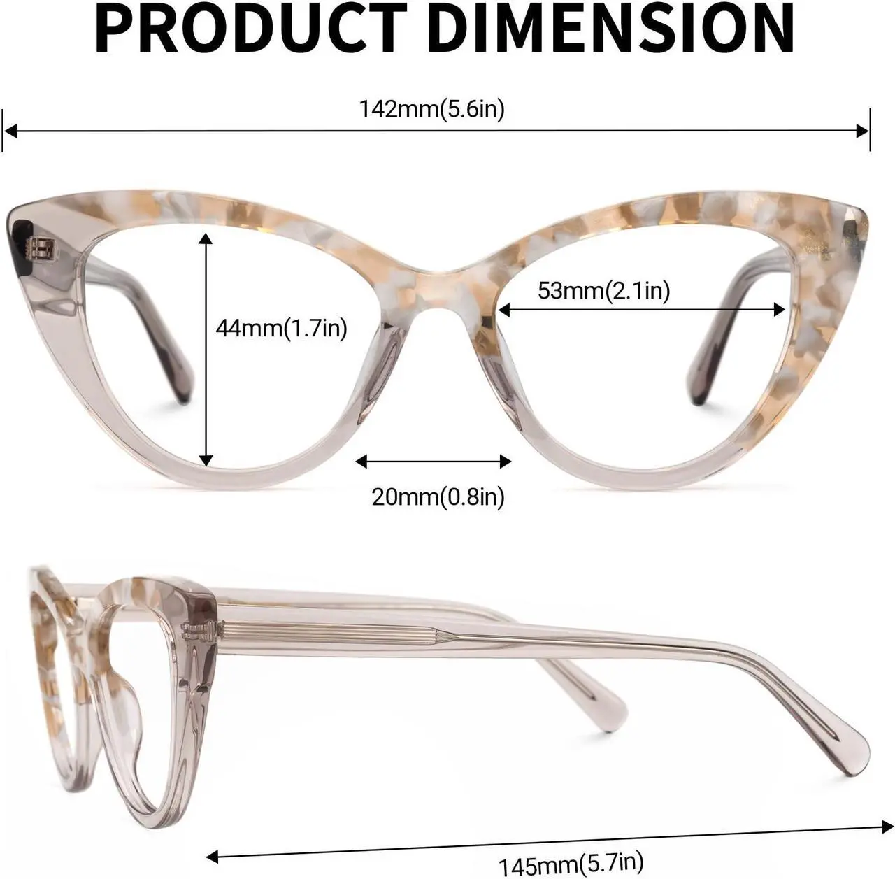 Alt view image 2 of 5 - VOOGLAM Cat Eye Style Oversized Glasses Frames for Women, Patchwork Anti-blue Light Anti-glare Glasses Champagne-7703