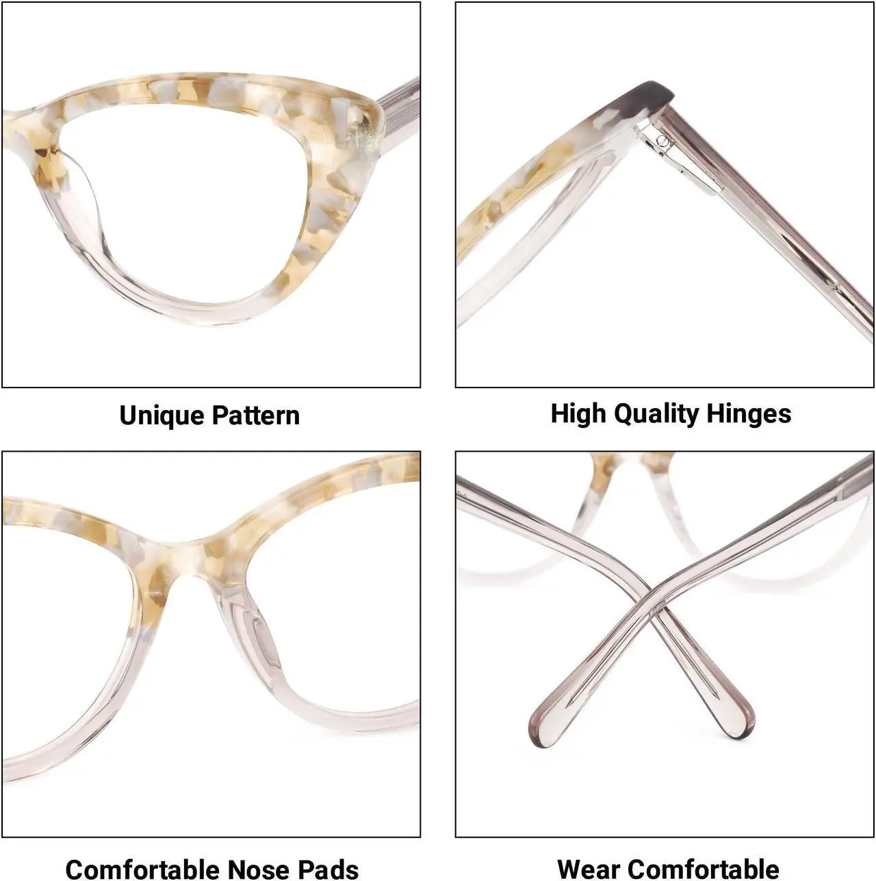Alt view image 3 of 5 - VOOGLAM Cat Eye Style Oversized Glasses Frames for Women, Patchwork Anti-blue Light Anti-glare Glasses Champagne-7703