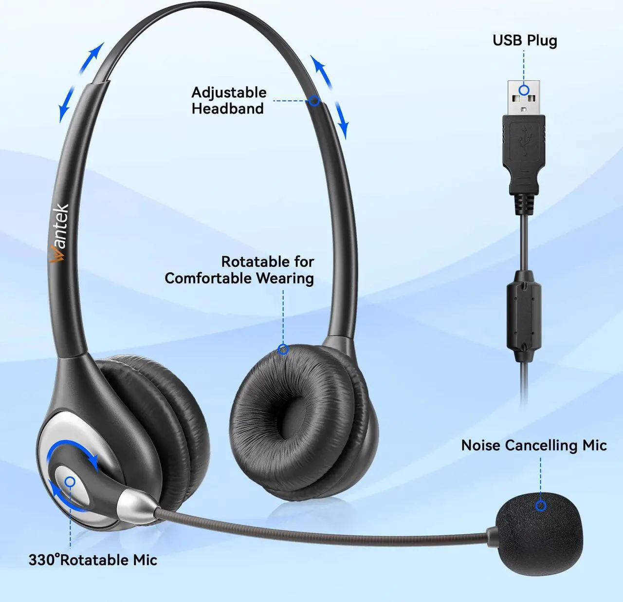 Alt view image 4 of 5 - USB Headset with Microphone Noise Cancelling & Audio Controls, Computer Headphones for PC Laptop, Business, Home Office, Call Center, Skype, Zoom, Webinar, Clear Chat, Super Light,Binaural