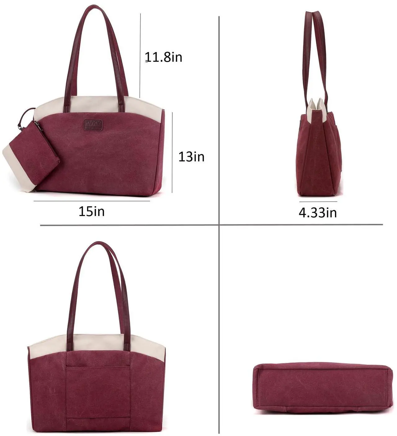 Alt view image 3 of 5 - Wxnow Women Laptop Tote Bag Canvas Handbag Purse Shoulder Bag (D-Claret-red)