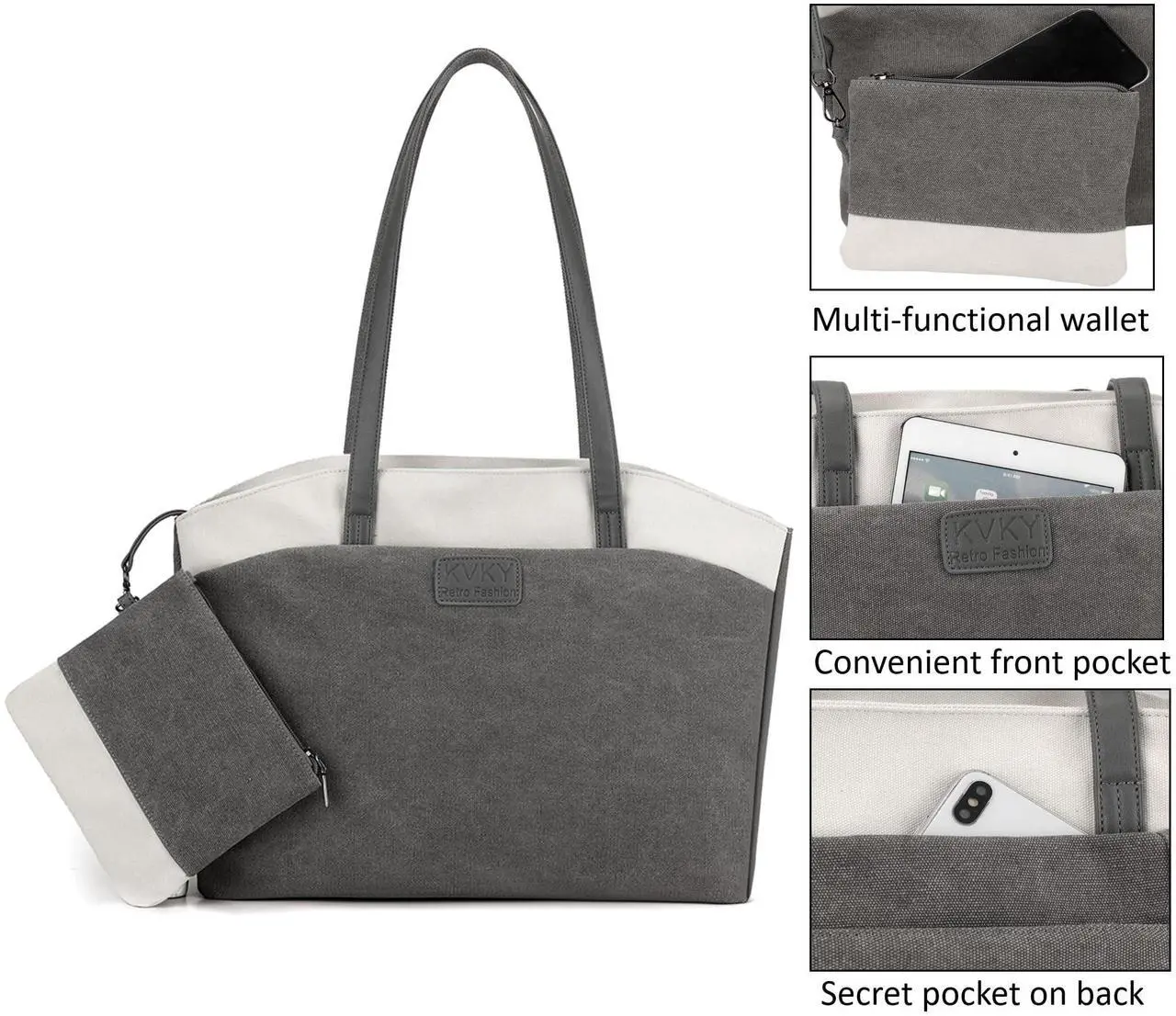 Alt view image 4 of 5 - Wxnow Women Laptop Tote Bag Canvas Handbag Purse Shoulder Bag (D-Claret-red)
