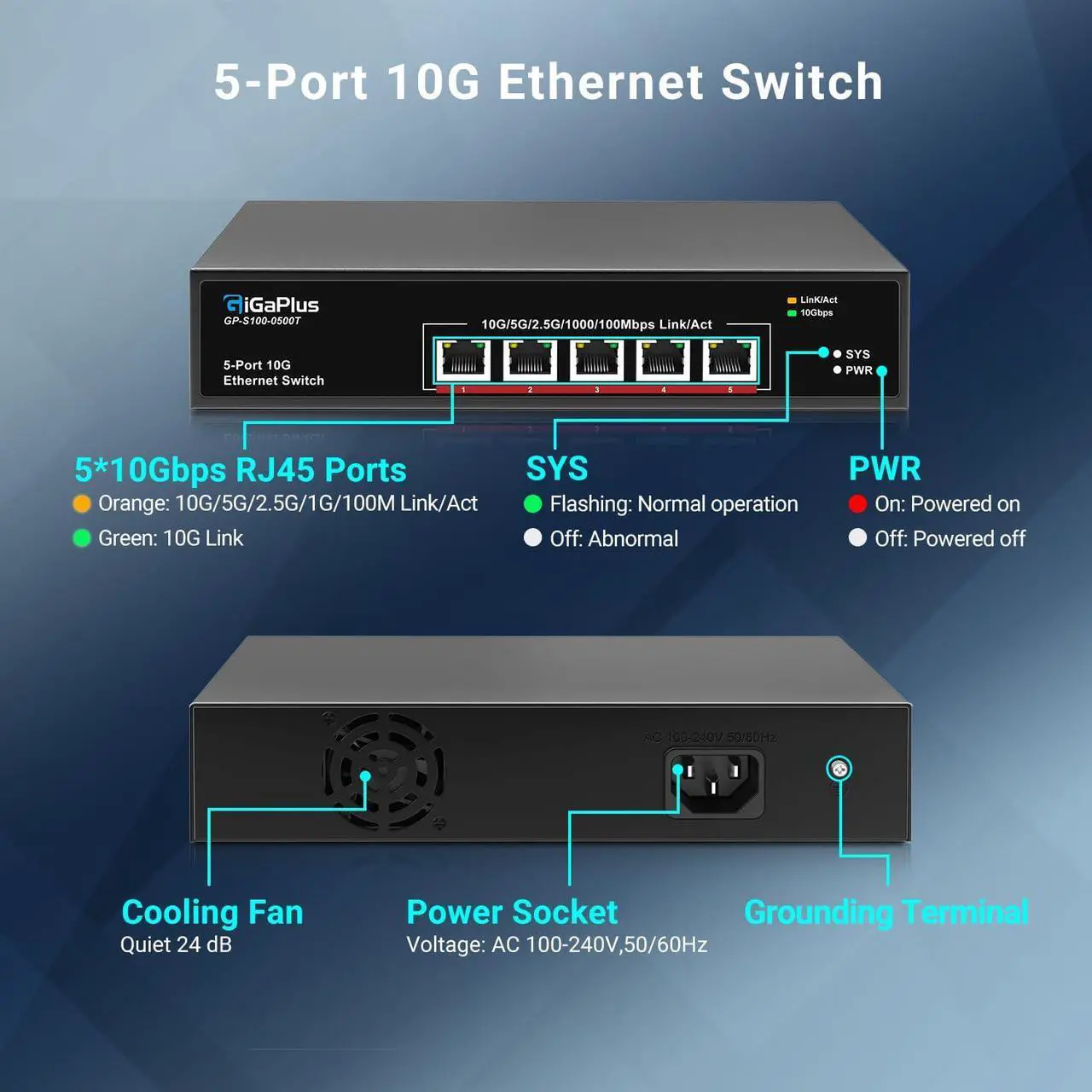 Alt view image 2 of 5 - 5-Port 10Gb Ethernet Switch Unmanaged with 5 x 10G RJ45 Ports, GiGaPlus 10Gbe Network Switch Easy for 10G NAS, PC, WiFi7 Routers, 10G NIC/Adapters. 100Gbps Switching Capacity. Desktop/19-inch Rack