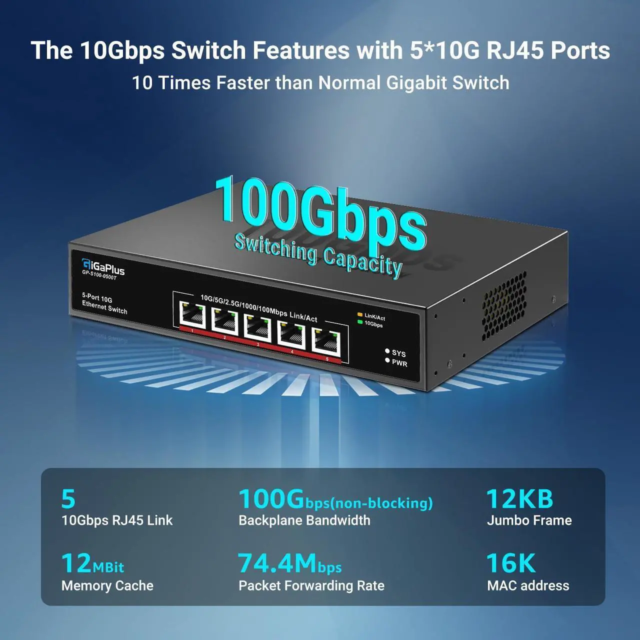 Alt view image 3 of 5 - 5-Port 10Gb Ethernet Switch Unmanaged with 5 x 10G RJ45 Ports, GiGaPlus 10Gbe Network Switch Easy for 10G NAS, PC, WiFi7 Routers, 10G NIC/Adapters. 100Gbps Switching Capacity. Desktop/19-inch Rack